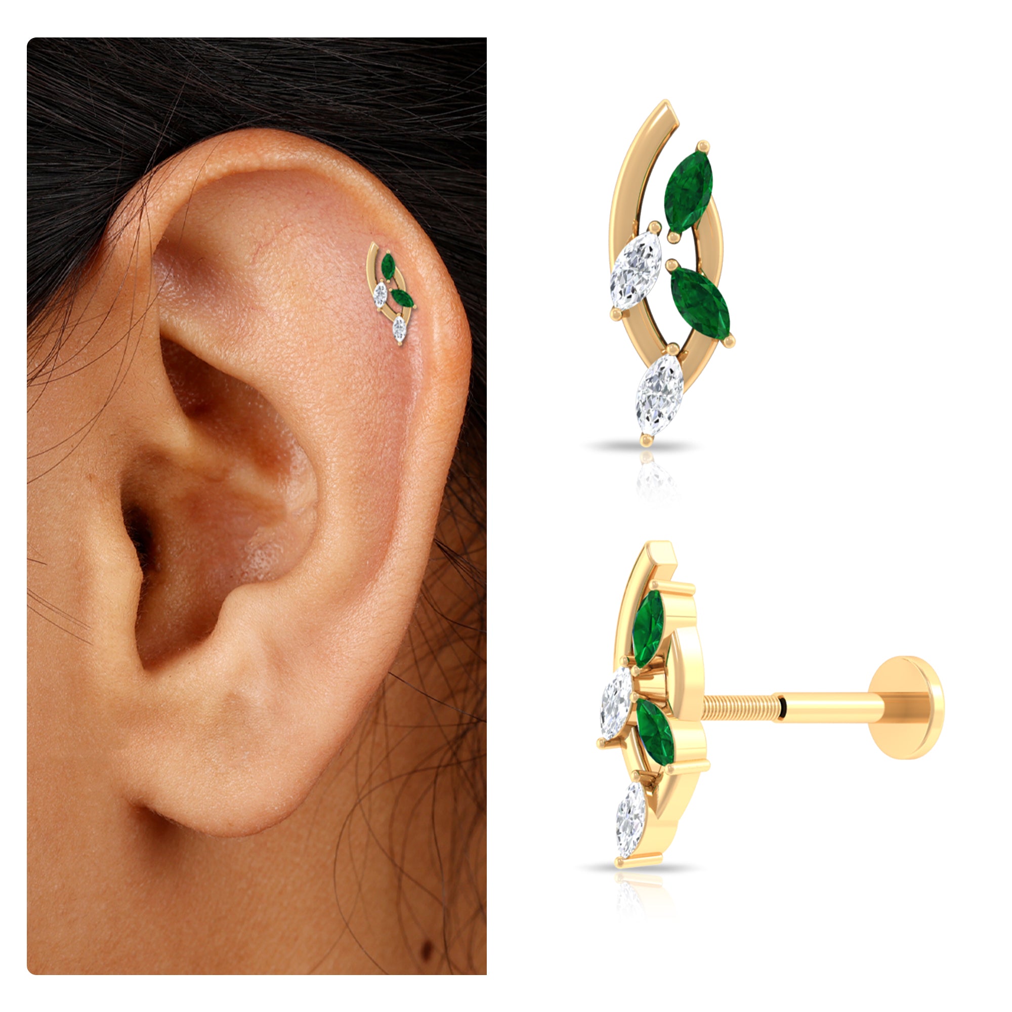 Rosec Jewels-Marquise Emerald and Moissanite Crawler Earring for Helix Piercing