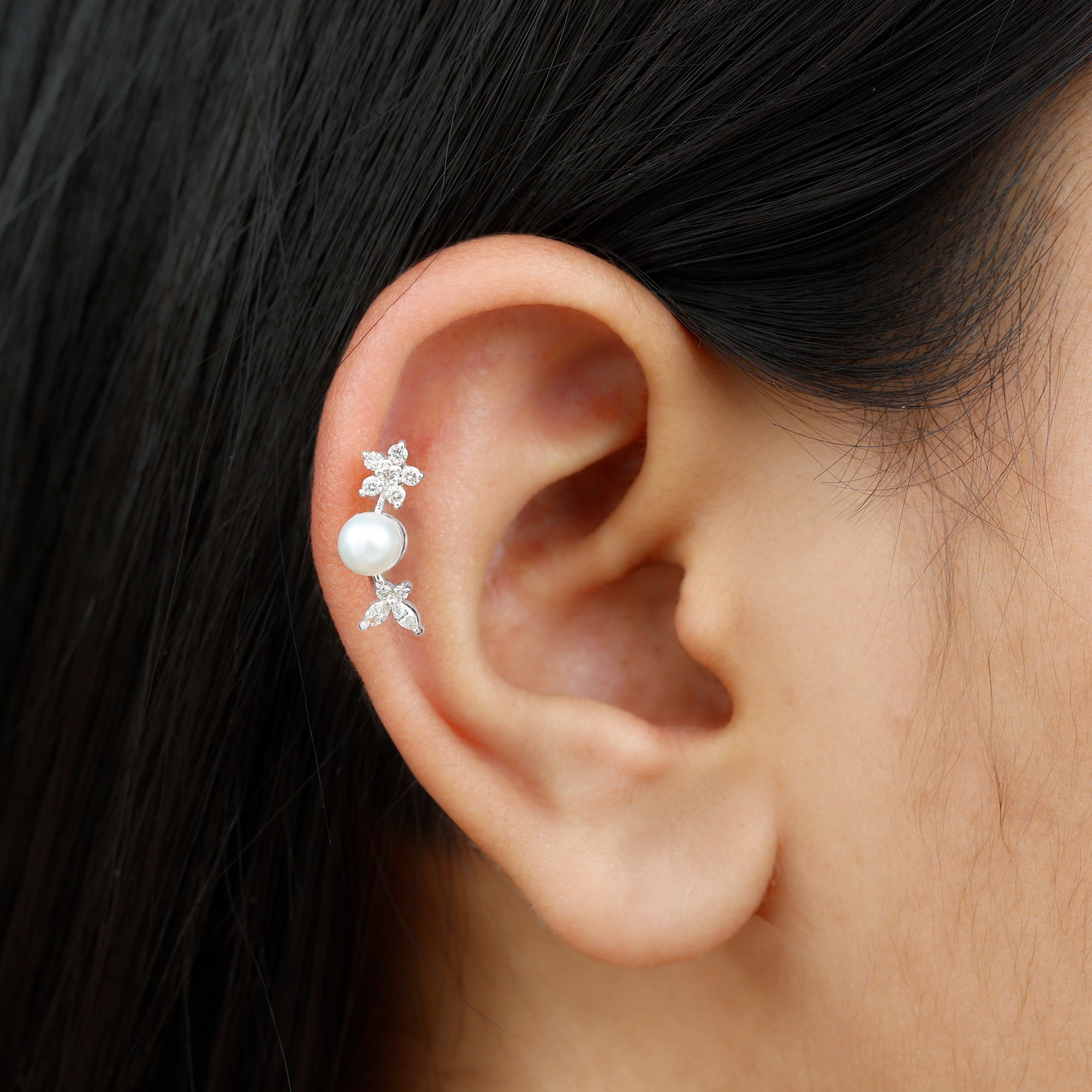 Rosec Jewels-Nature Inspired Freshwater Pearl and Moissanite Crawler Earring