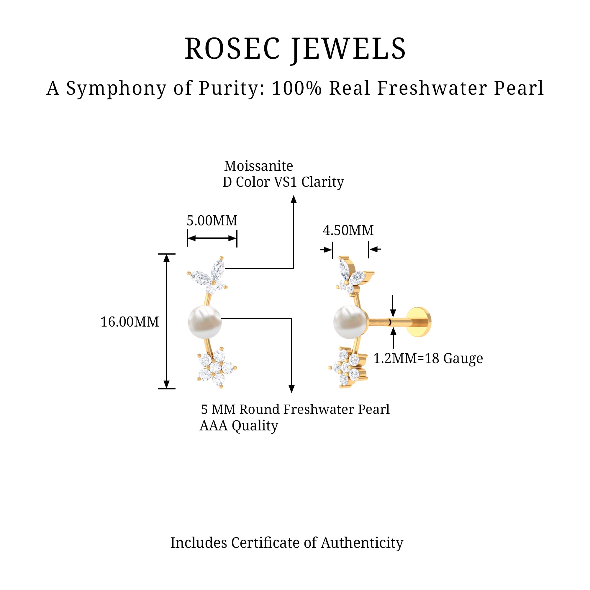 Rosec Jewels-Nature Inspired Freshwater Pearl and Moissanite Crawler Earring