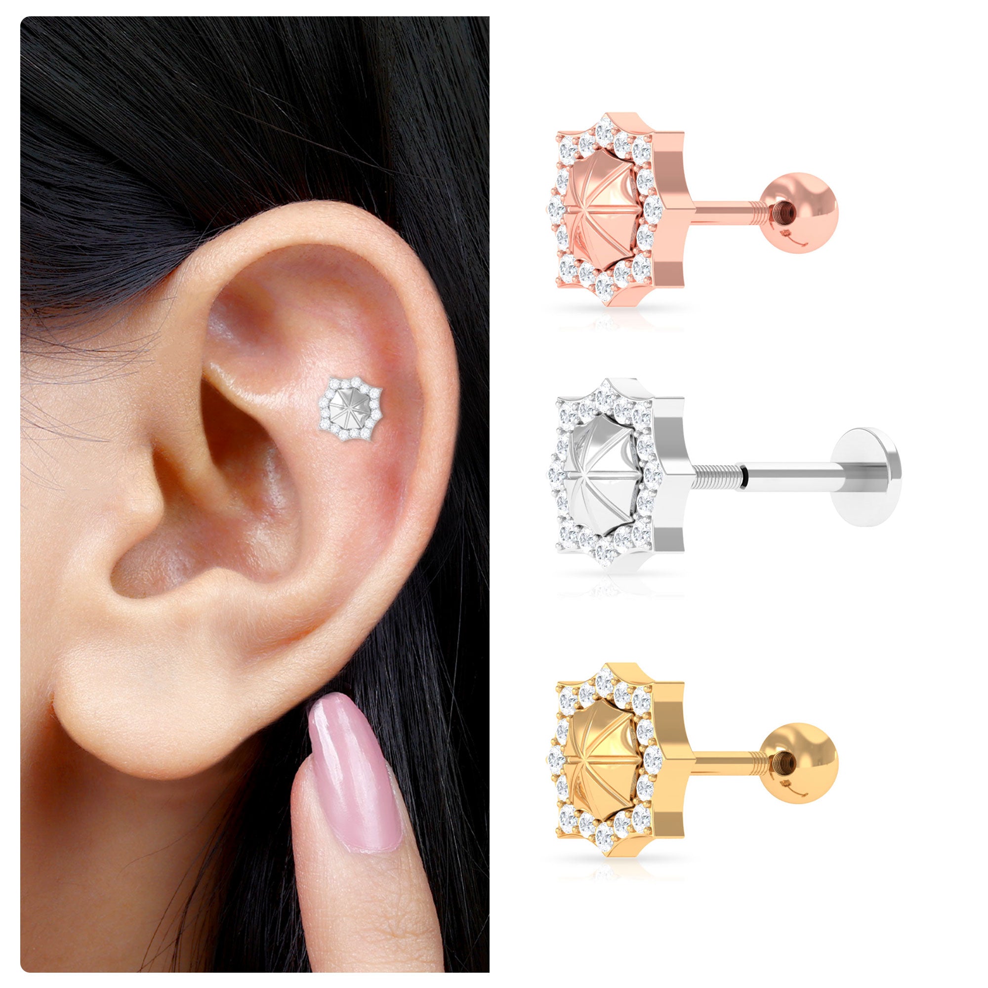 Rosec Jewels-Vintage Inspired Moissanite Cartilage Earring in Gold