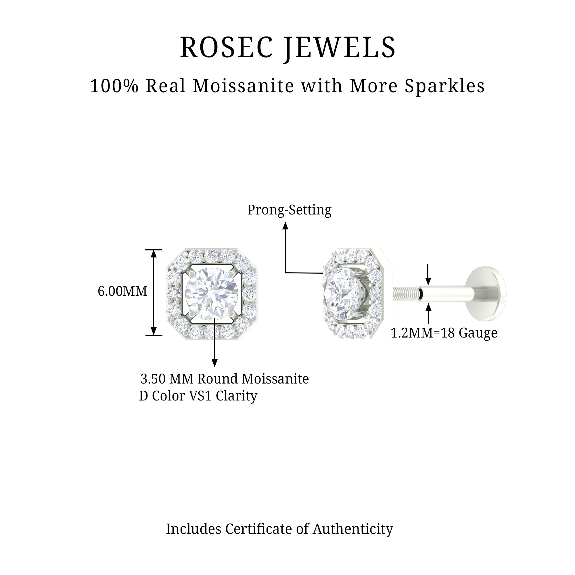 Rosec Jewels-Certified Moissanite Halo Earring for Helix Piercing