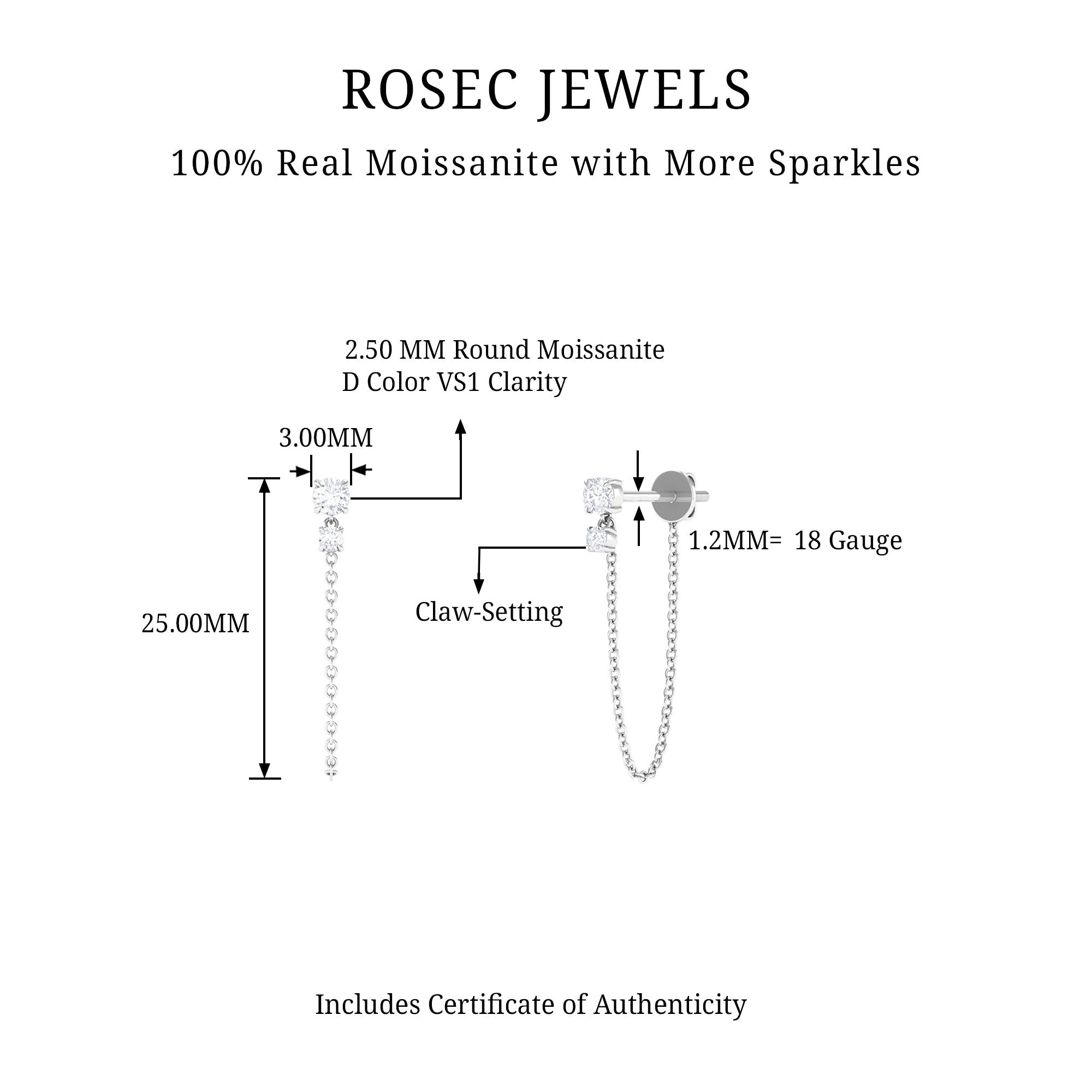 Rosec Jewels-Round Moissanite Chain Drop Earring for Cartilage Piercing