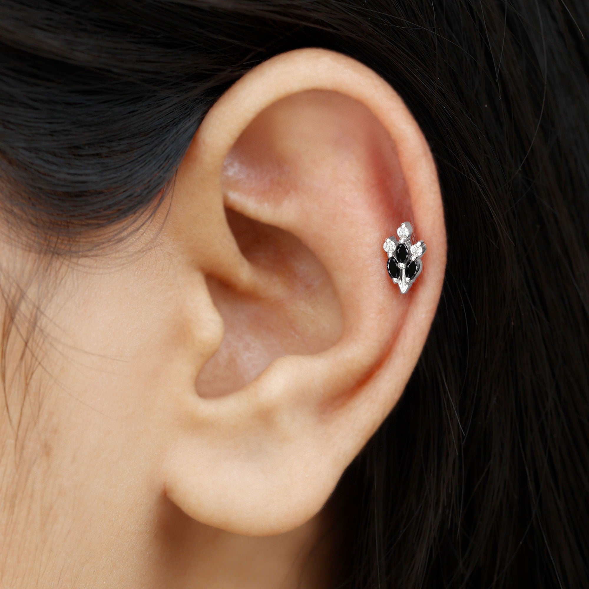 Rosec Jewels-Marquise Black Onyx Leaf Cartilage Earring with Moissanite