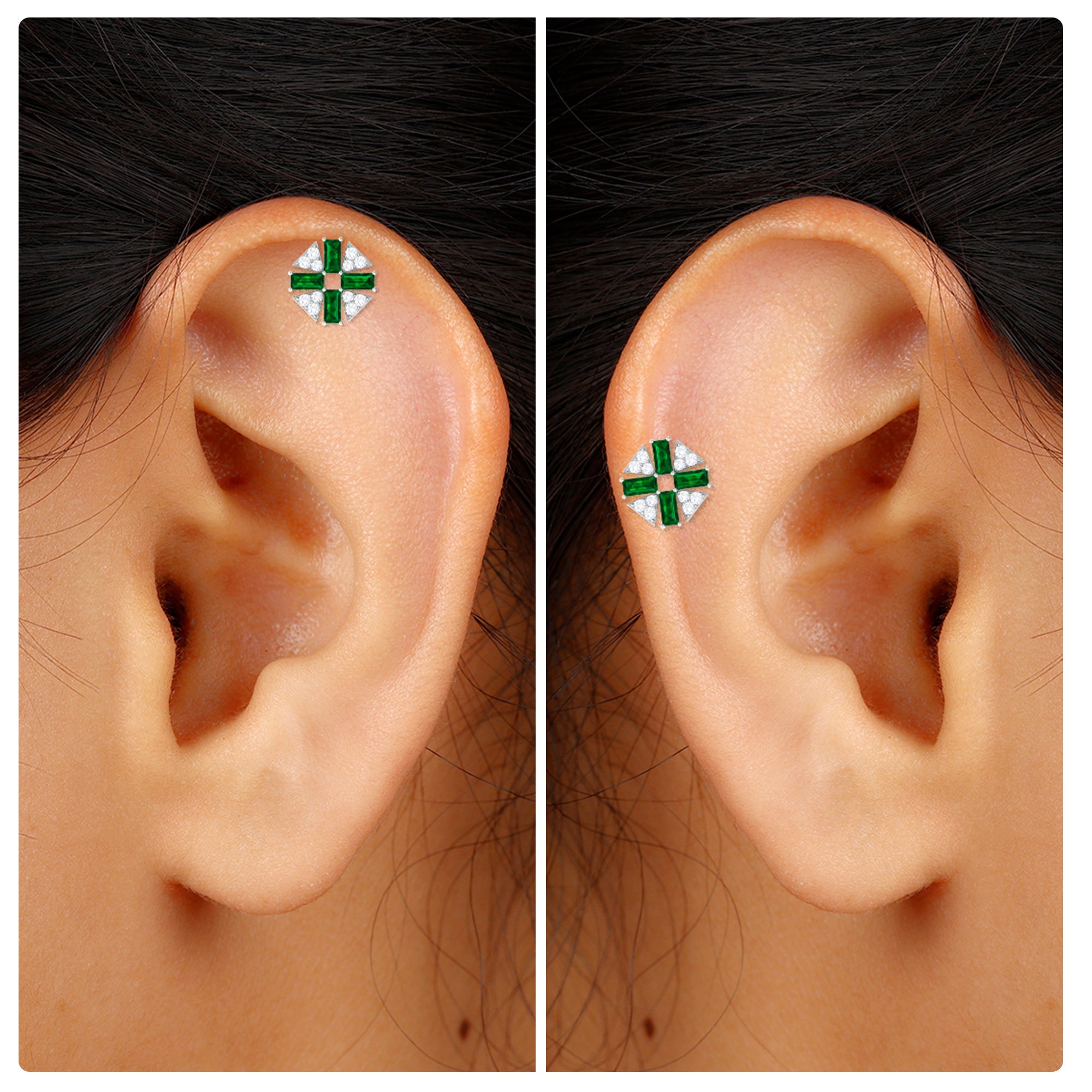 Rosec Jewels-Baguette Created Emerald Unique Helix Earring with Moissanite