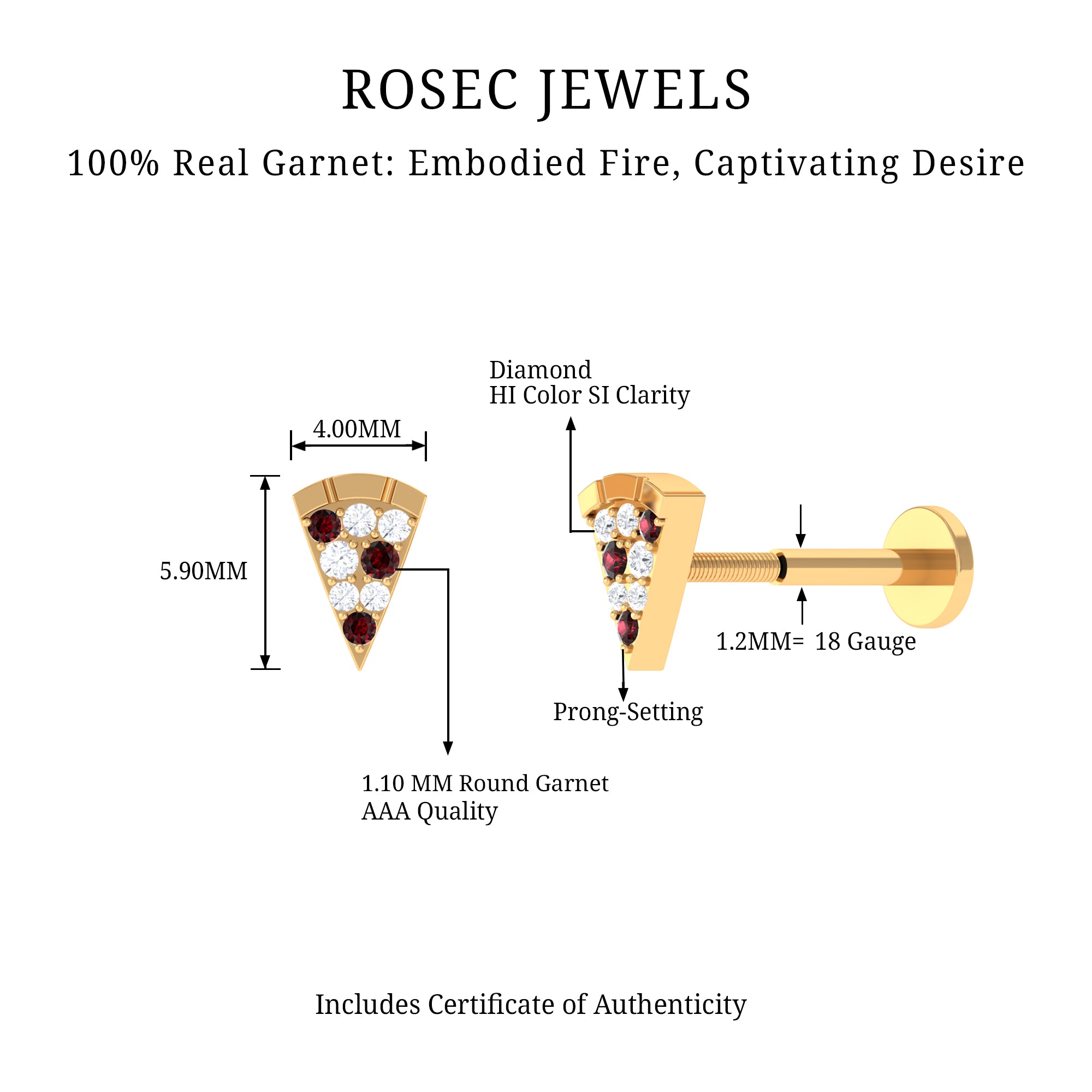 Rosec Jewels-Round Cut Garnet and Diamond Pizza Slice Helix Earring in Gold