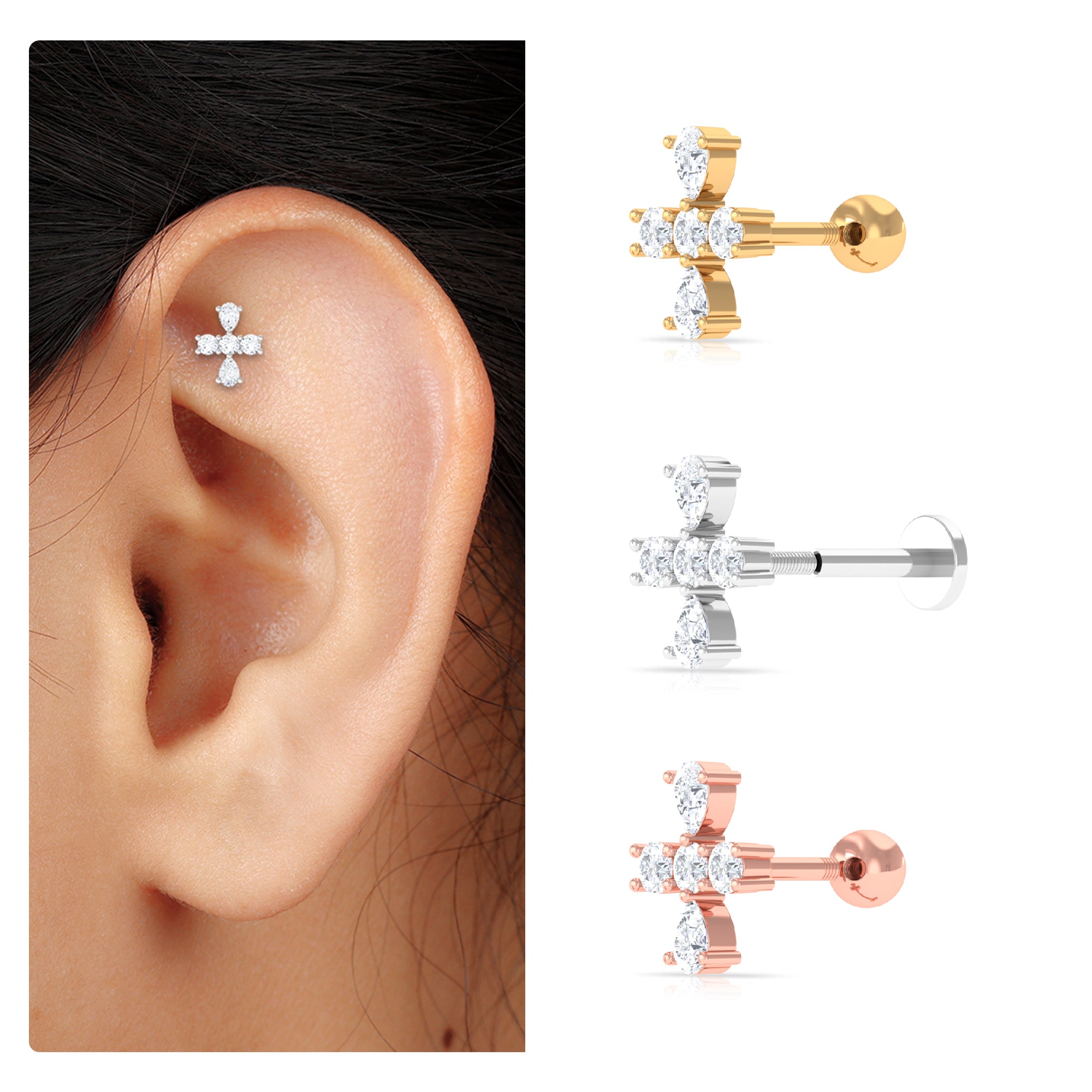 Rosec Jewels-Pear and Round Moissanite Cross Cartilage Earring