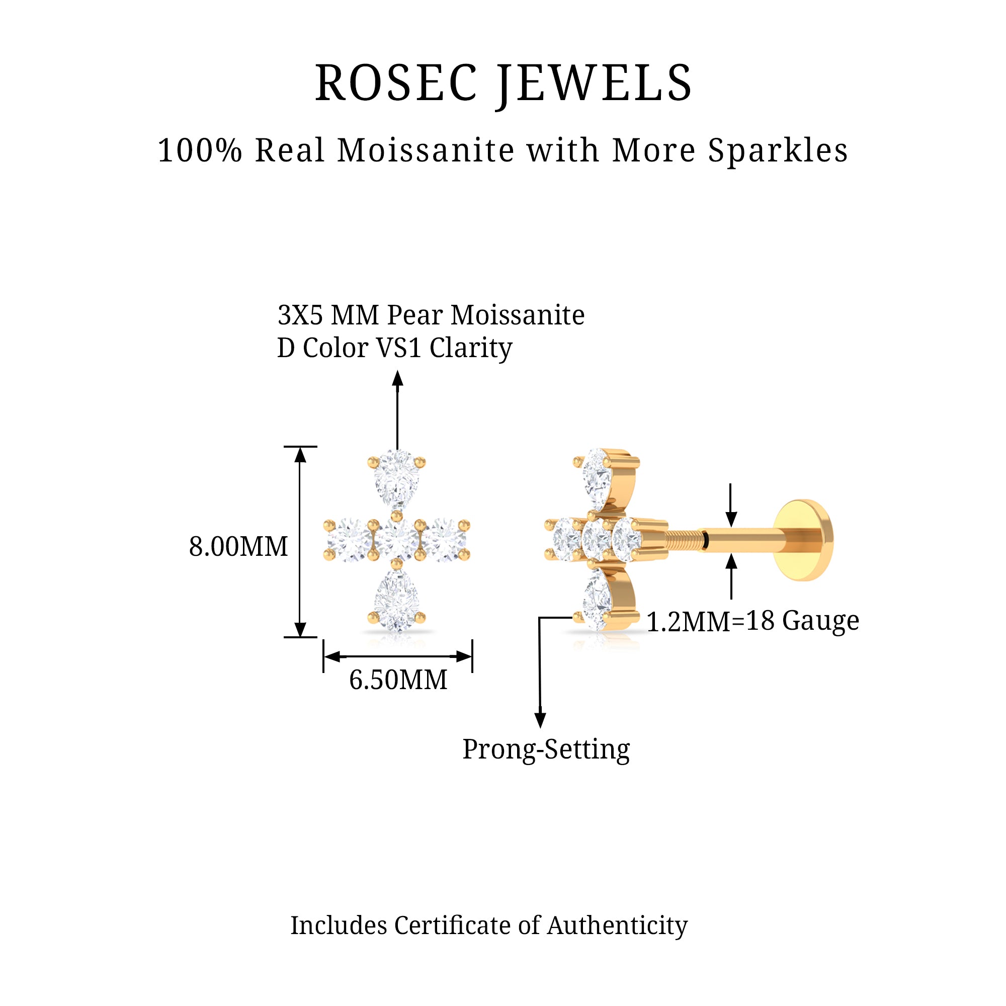 Rosec Jewels-Pear and Round Moissanite Cross Cartilage Earring