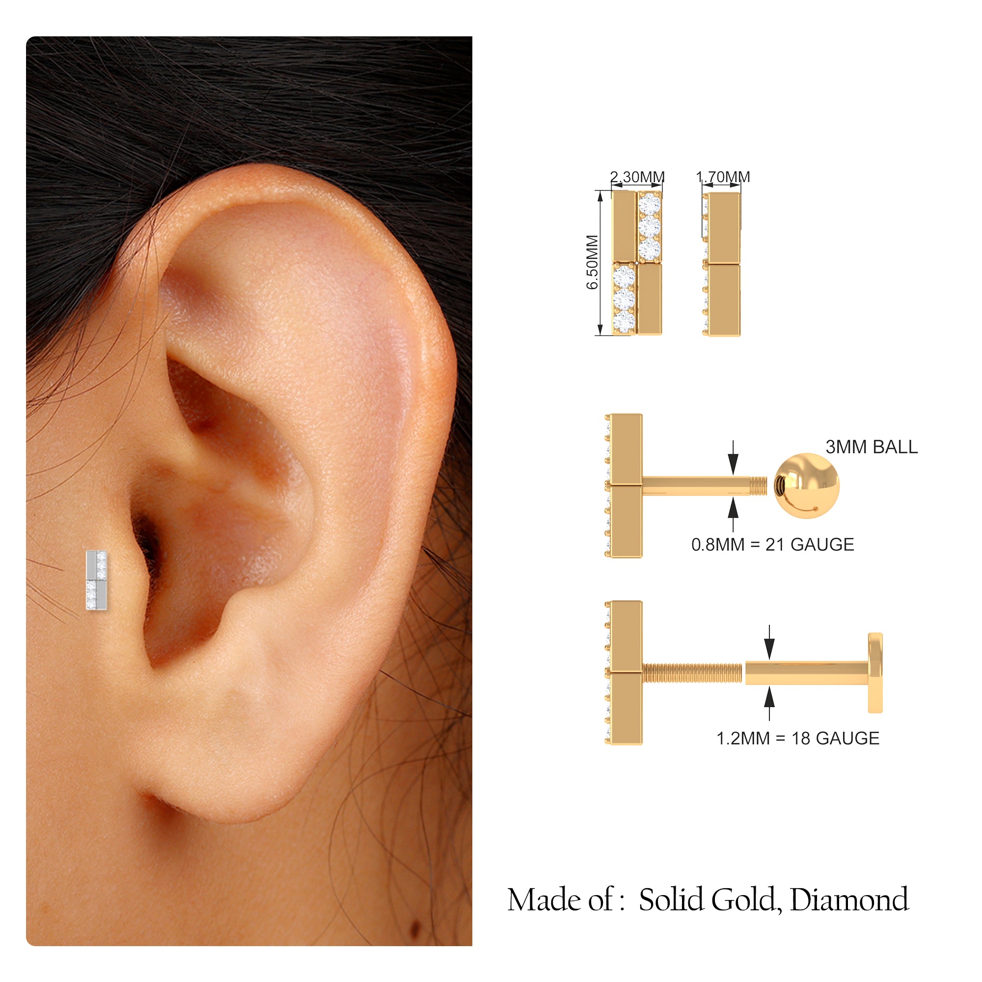 Rosec Jewels-Simple Diamond Gold Bar Earring for Tragus Piercing