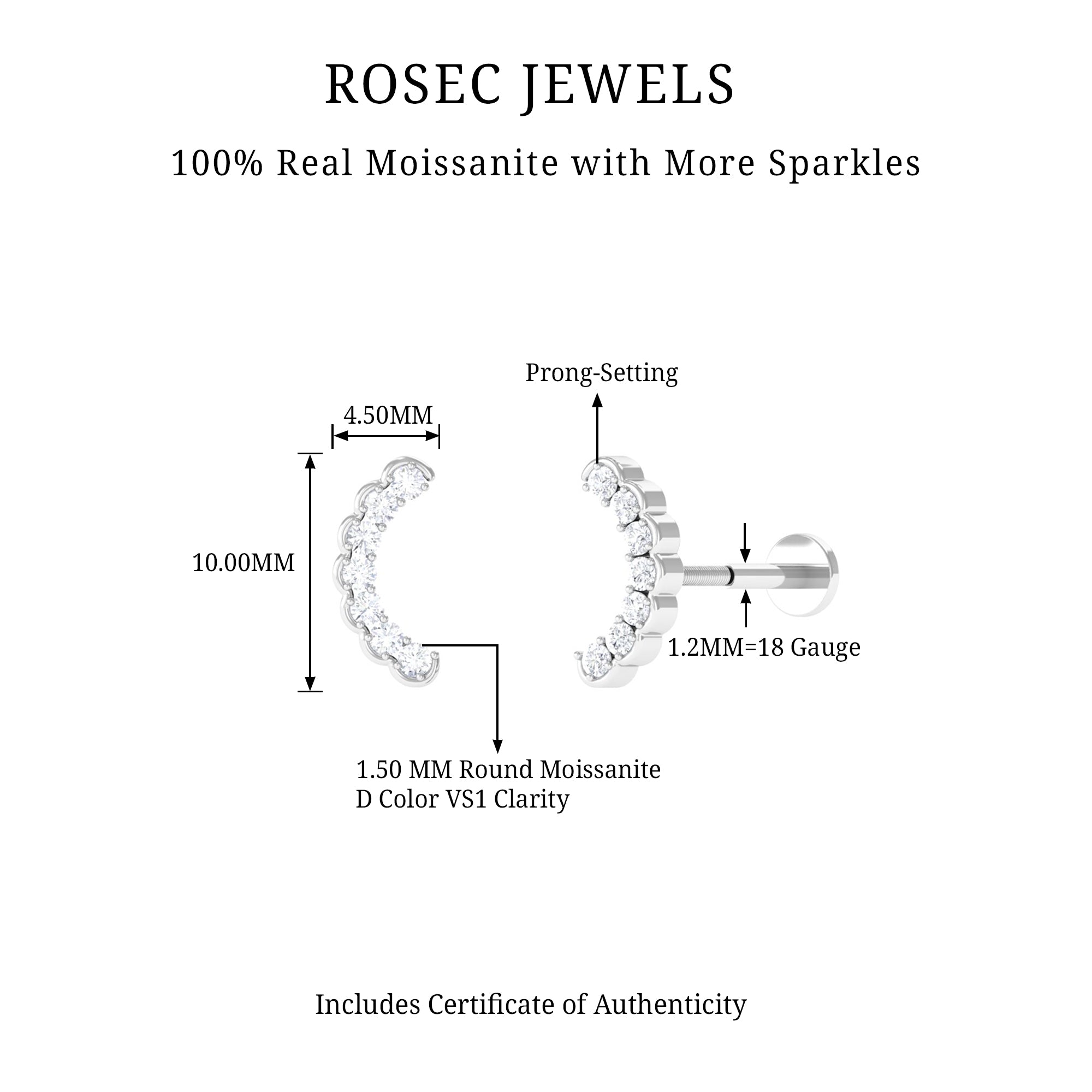 Rosec Jewels-Round Moissanite Climber Cartilage Earring in Gold