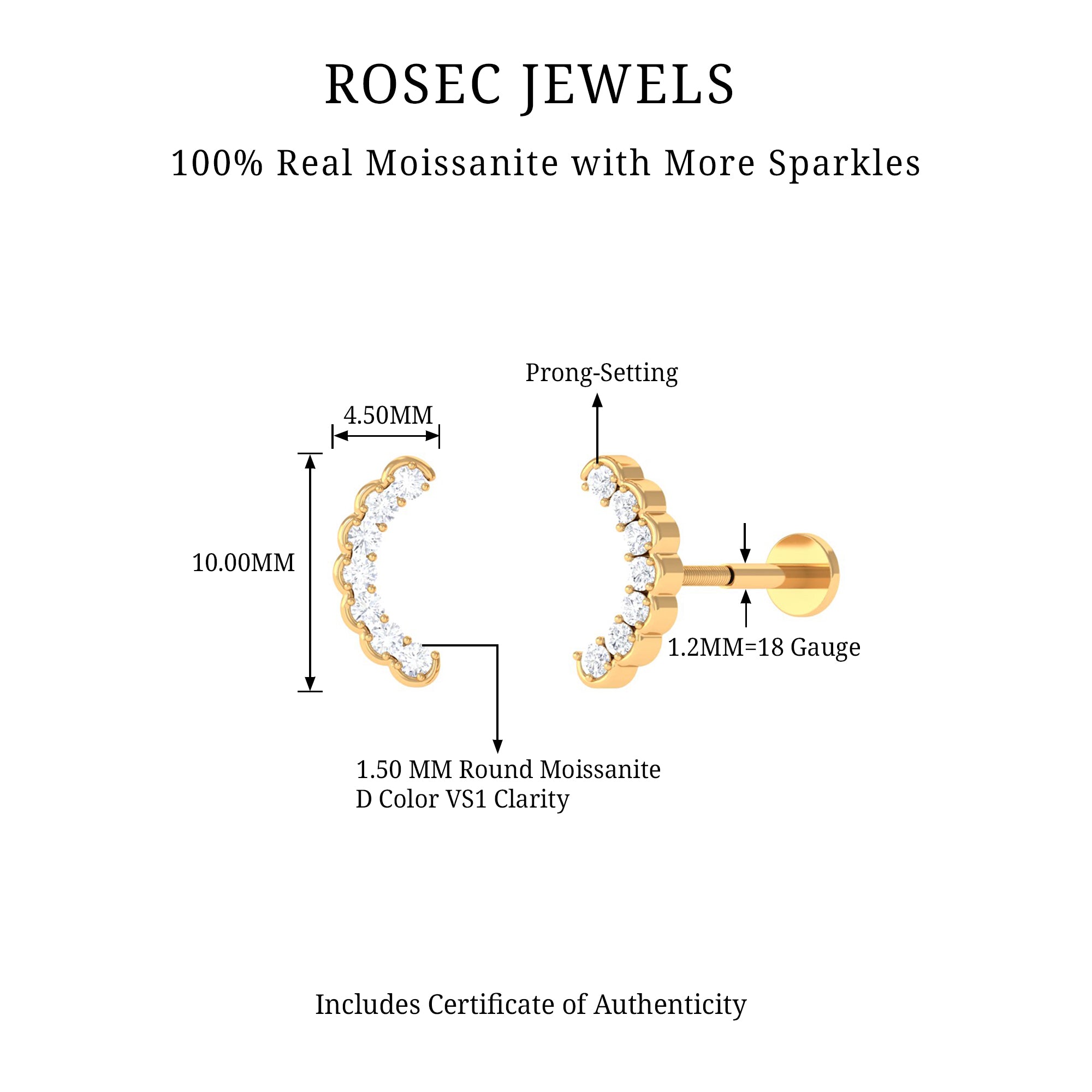 Rosec Jewels-Round Moissanite Climber Cartilage Earring in Gold