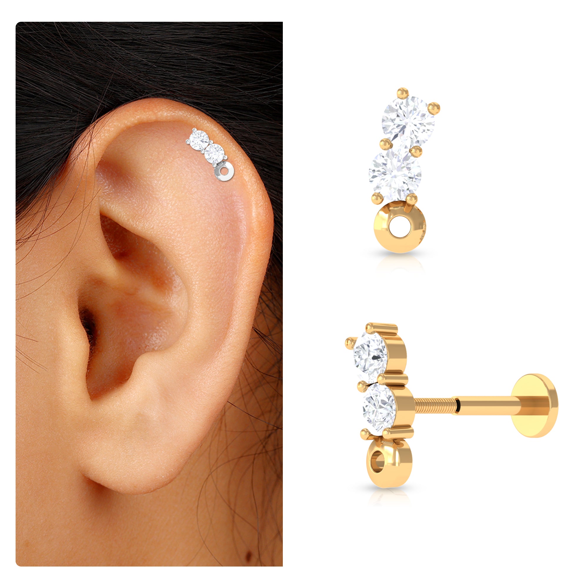 Rosec Jewels-Unique Moissanite 2 Stone Curved Helix Earring