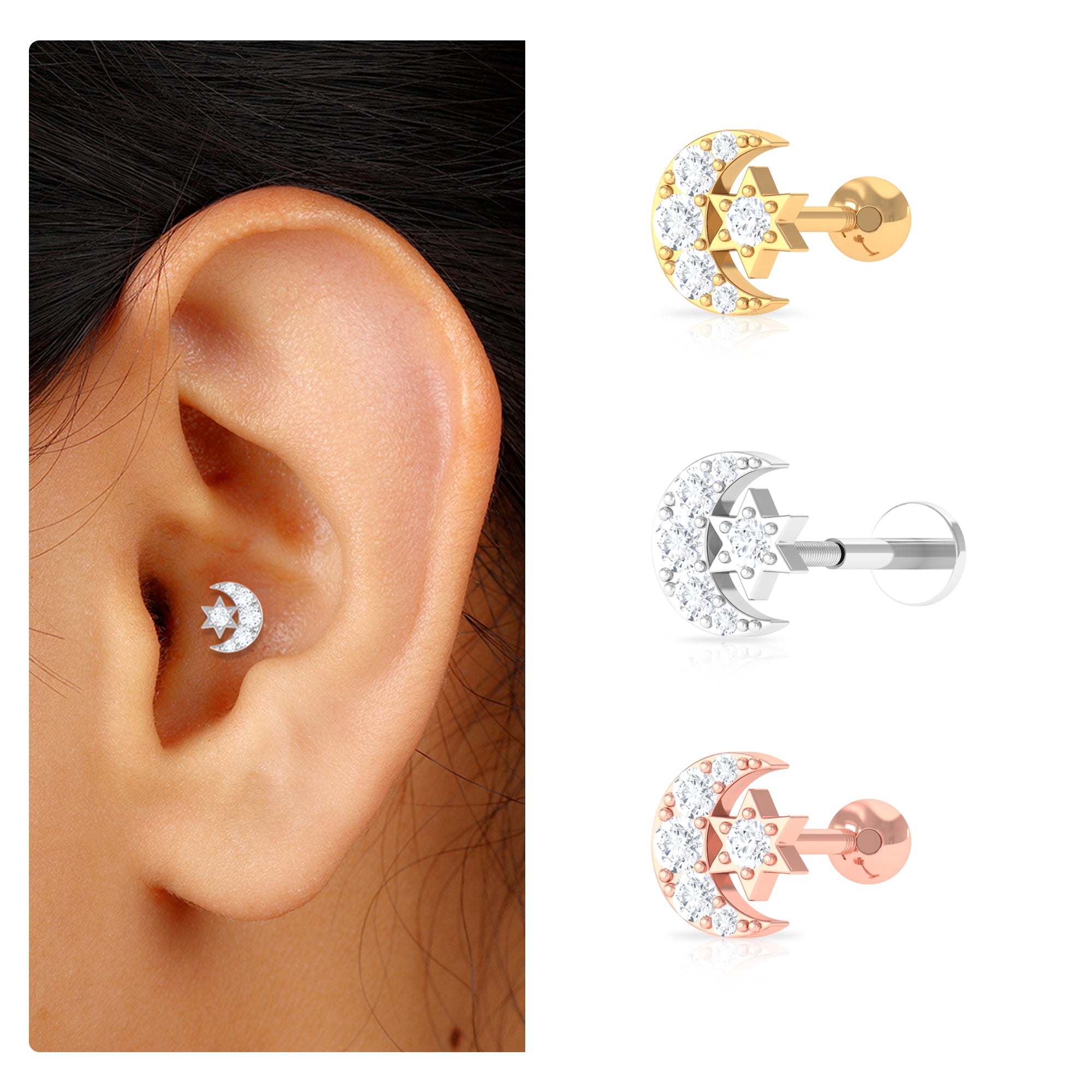 Rosec Jewels-Moissanite Moon and Star Earring for Conch Piercing