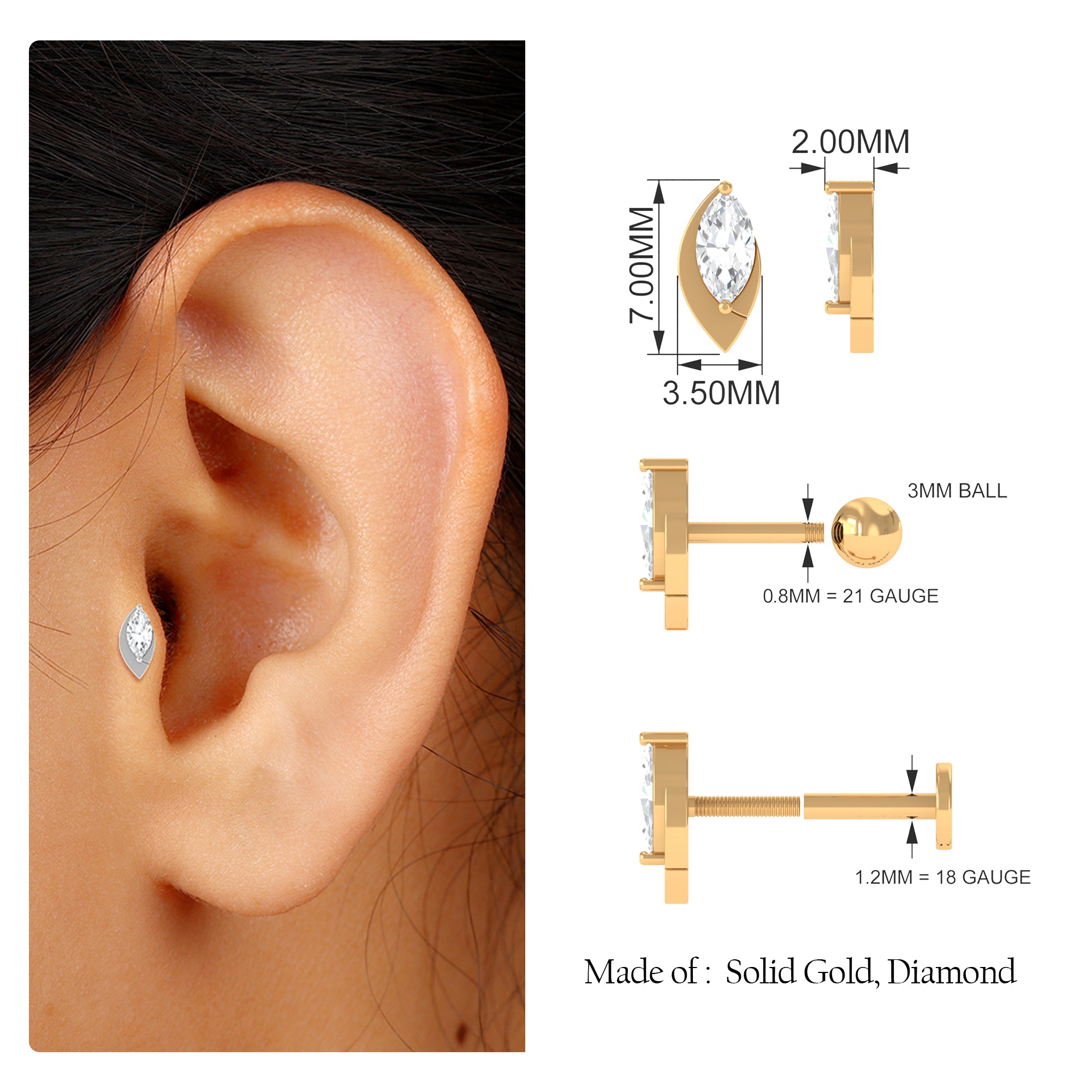 Rosec Jewels-Marquise Moissanite Simple Gold Tragus Earring