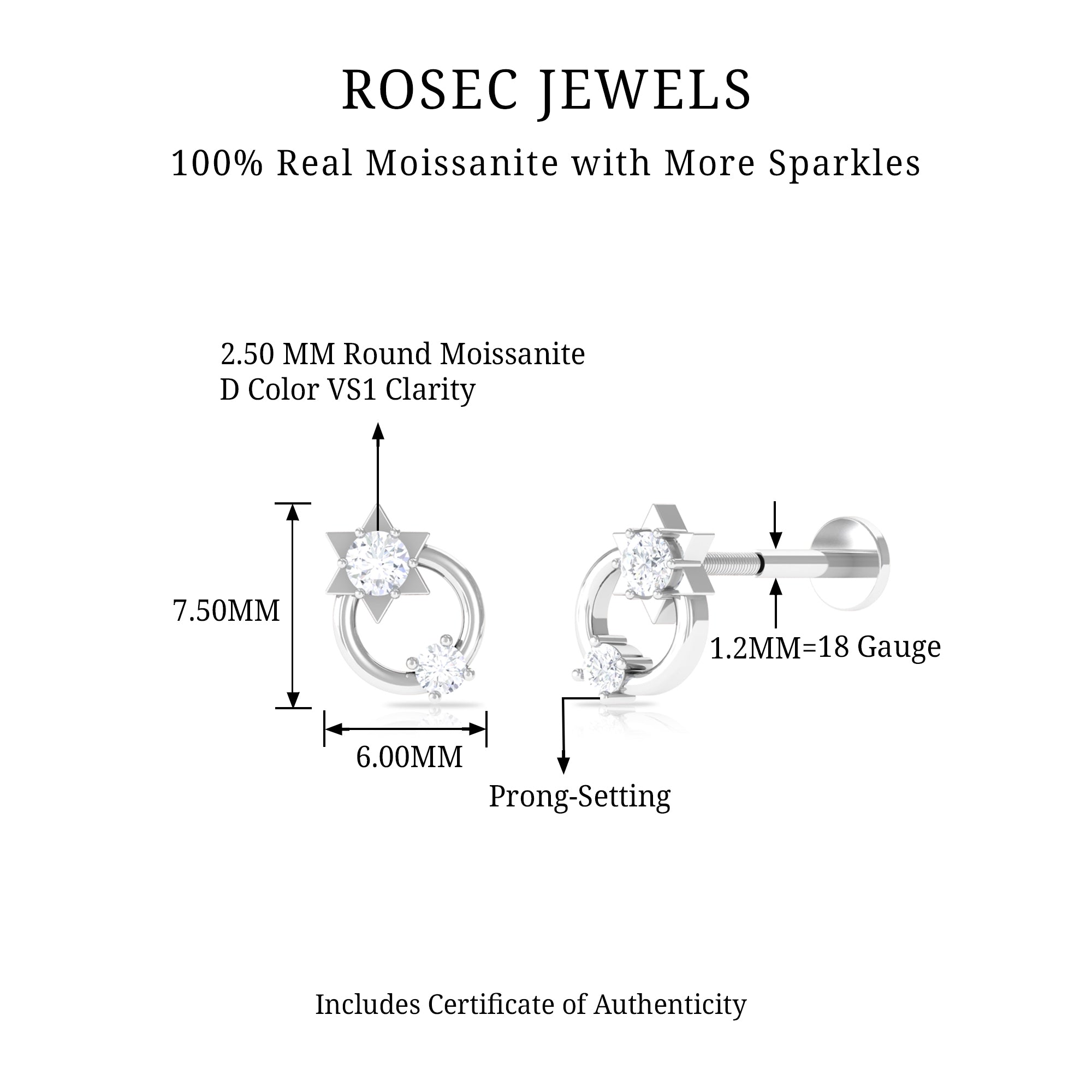 Rosec Jewels-Moissanite Star Celestial Earring for Helix Piercing