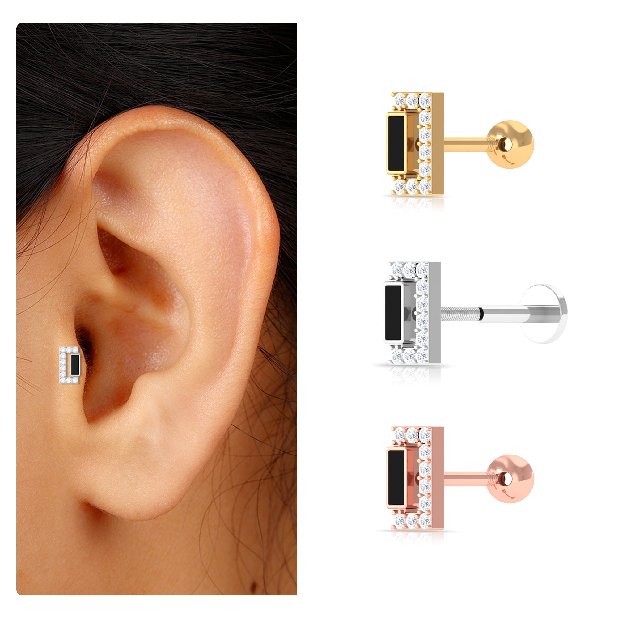 Rosec Jewels-Diamond Gold Bar Tragus Earring with Black Enamel