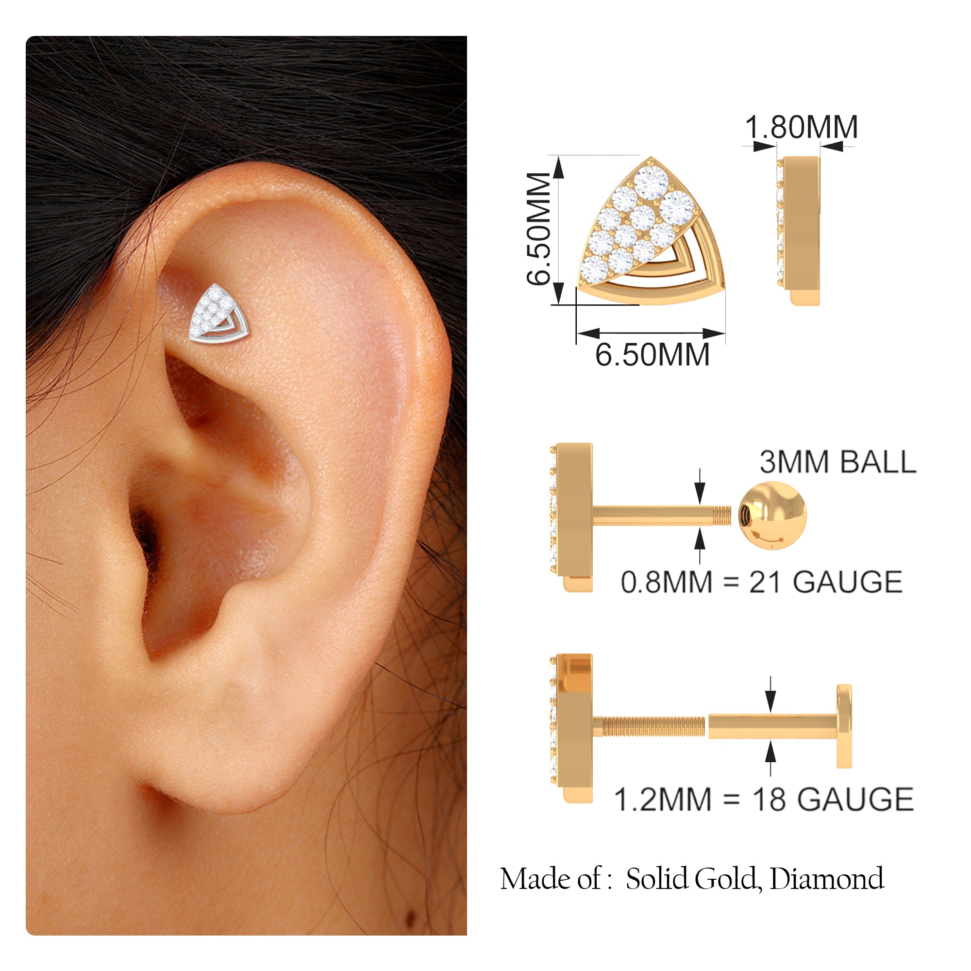 Rosec Jewels-Minimal Moissanite Triangle Geometric Helix Earring