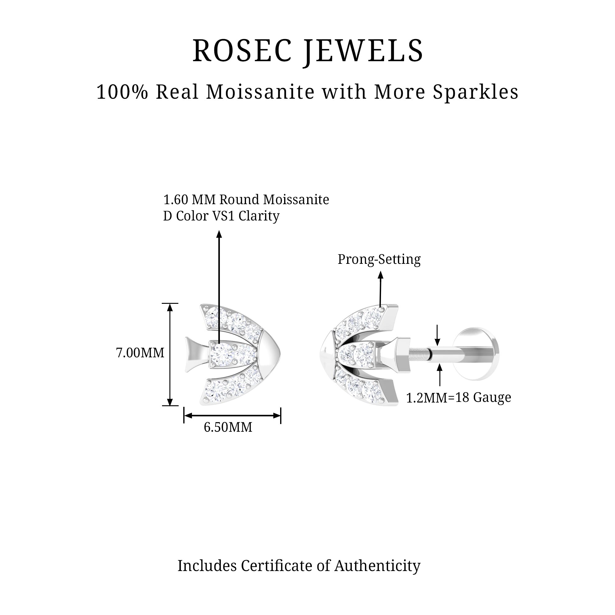 Rosec Jewels-Moissanite Fish Cartilage Earring in Gold