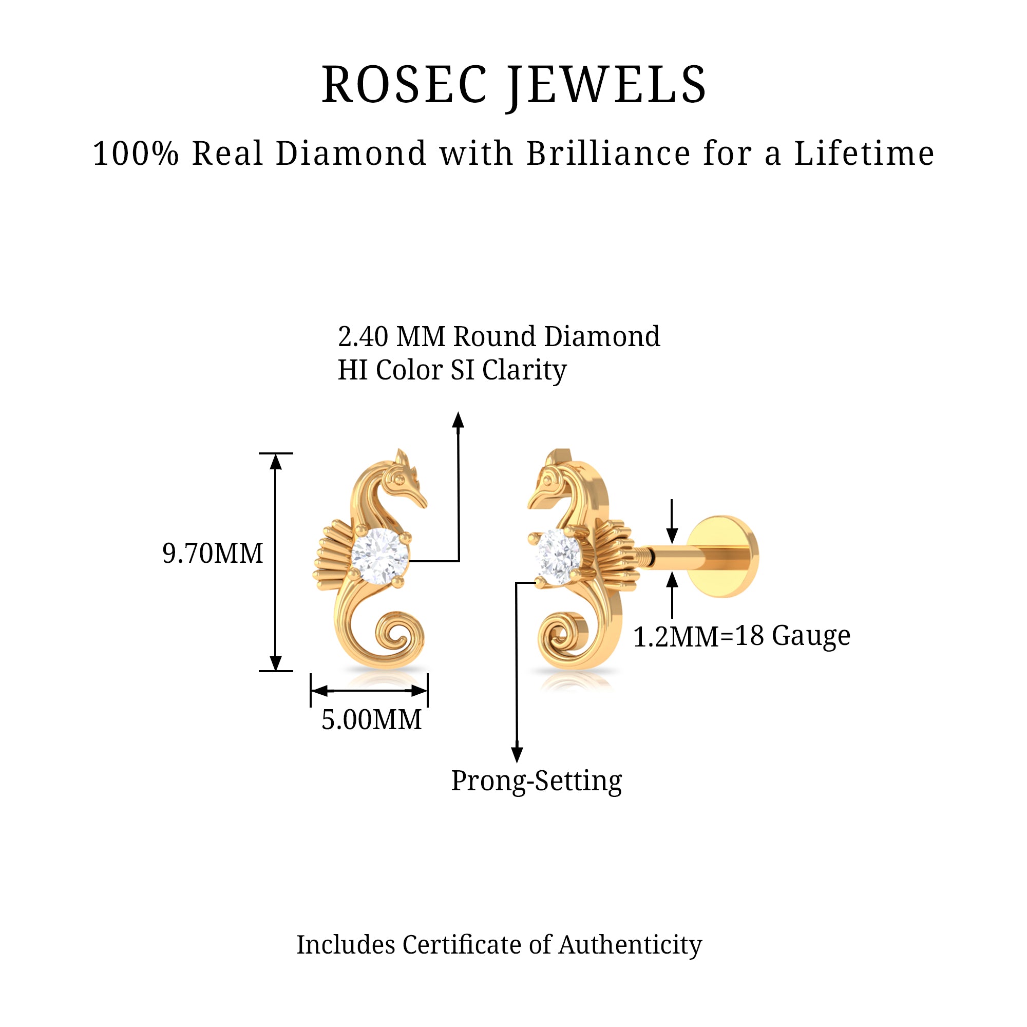 Rosec Jewels-Real Diamond Cute Sea Horse Earring for Helix Piercing