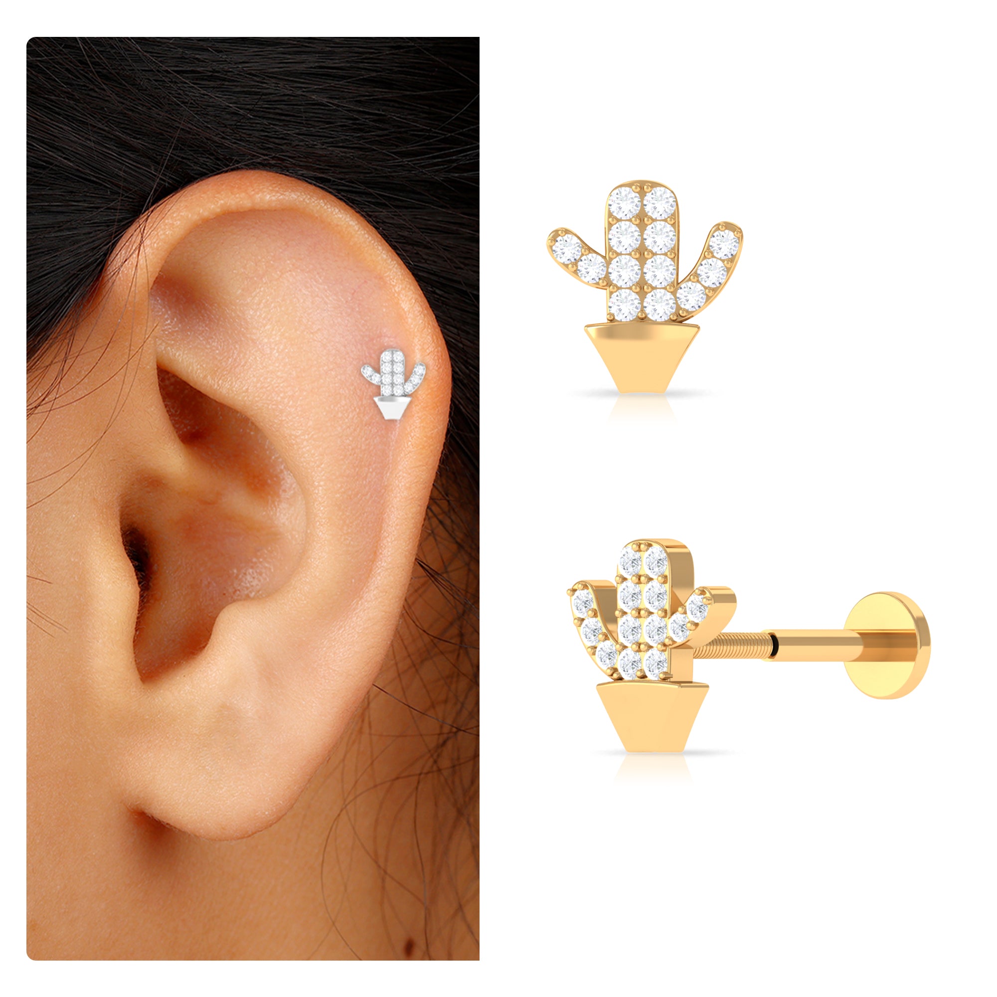 Rosec Jewels-Moissanite Gold Cactus Earring for Cartilage Piercing