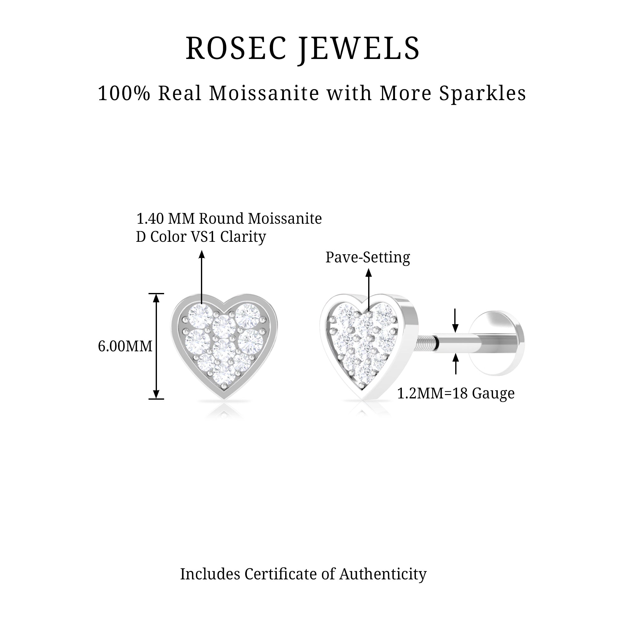 Rosec Jewels-Real Moissanite Heart Earring for Upper Lobe Piercing