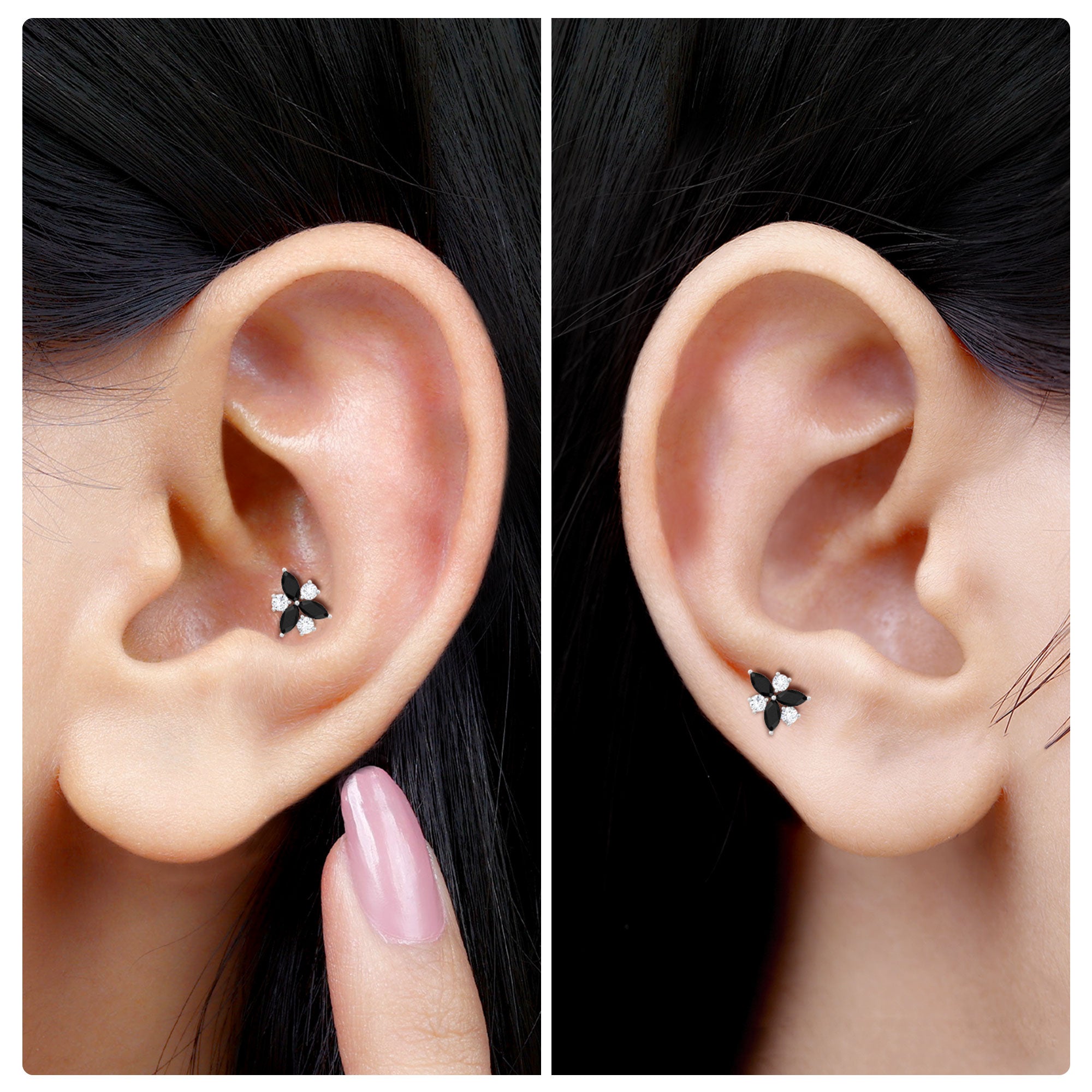 Rosec Jewels-Black Onyx and Moissanite Flower Earring for Helix Piercing