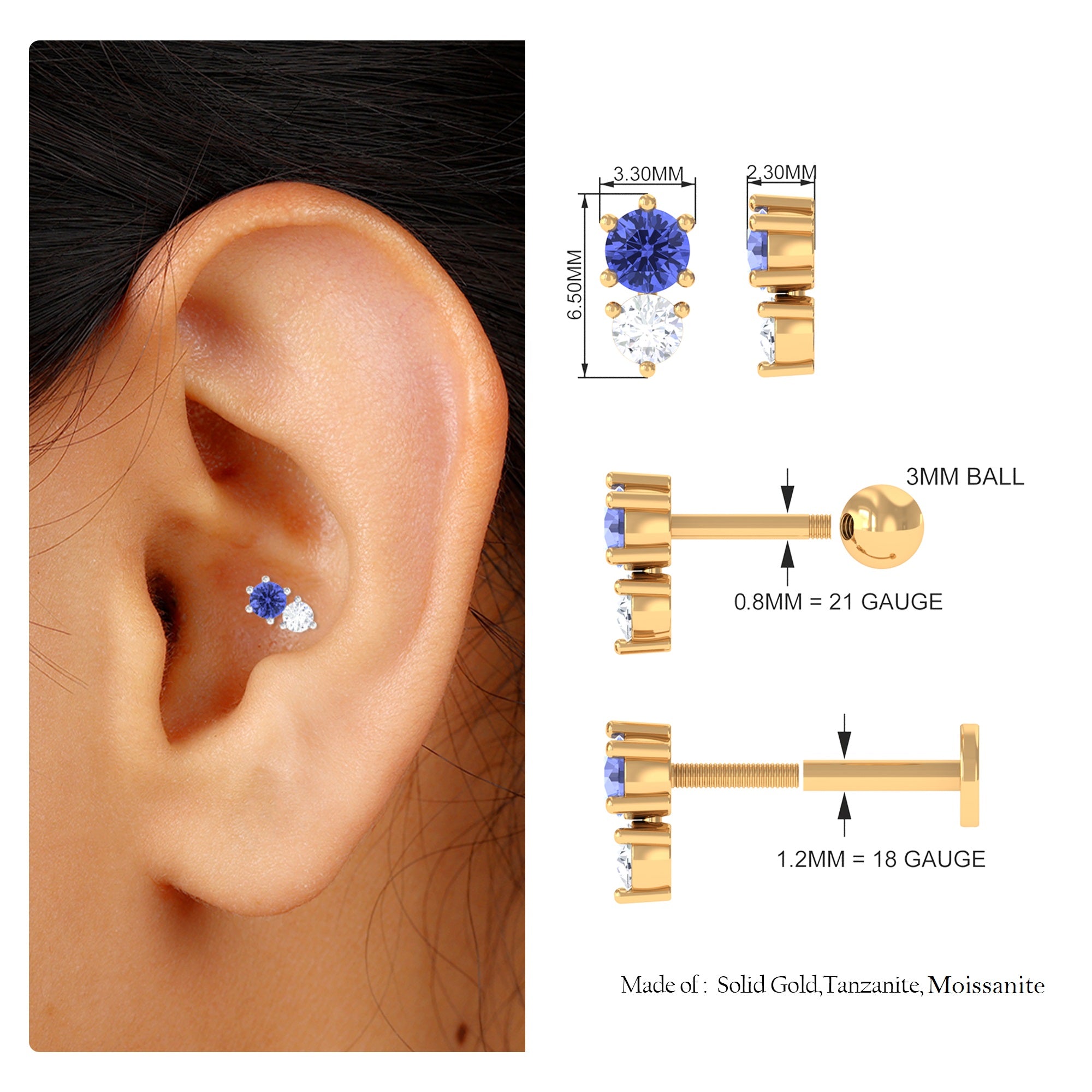 Rosec Jewels-Tanzanite and Moissanite Two Stone Earring for Conch