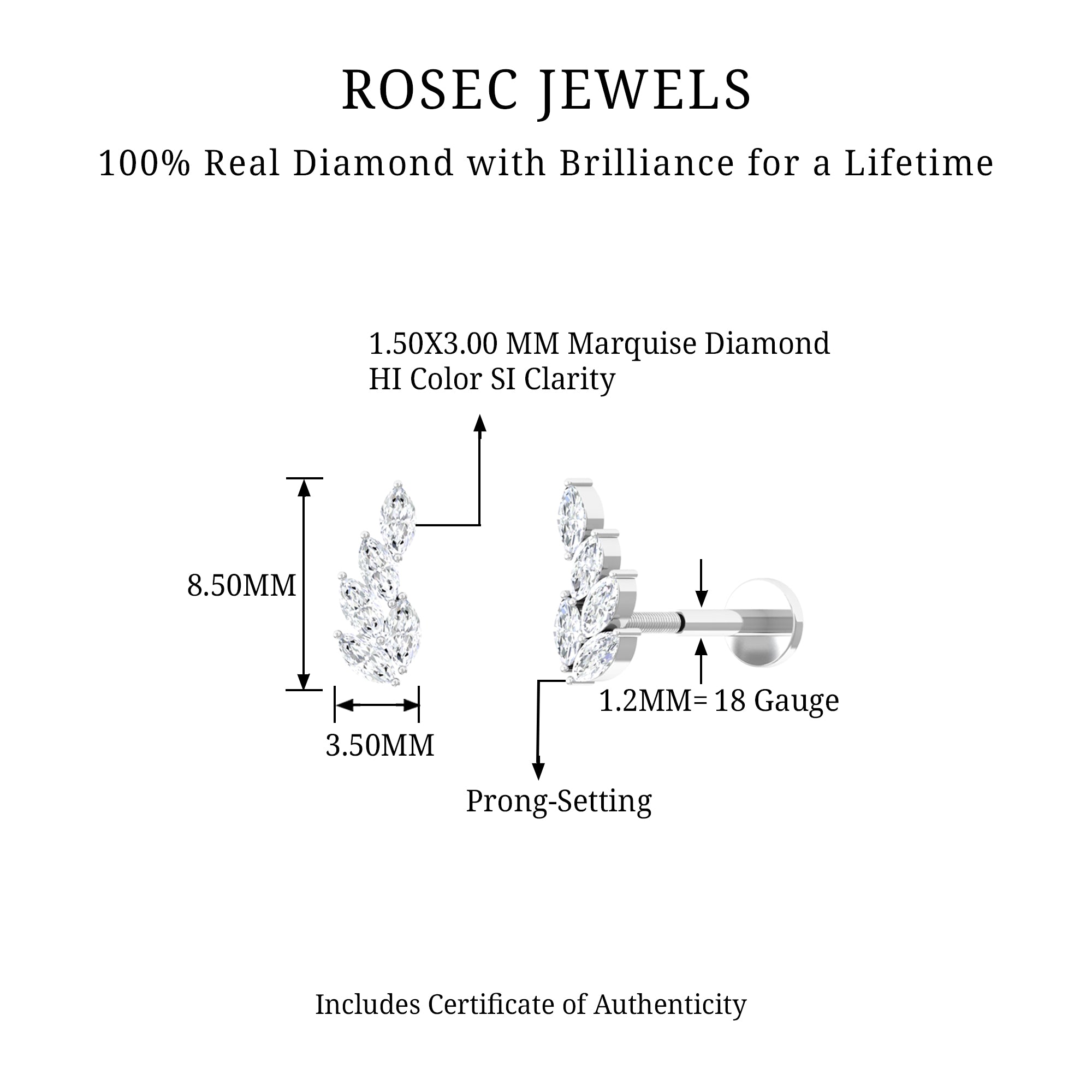 Rosec Jewels-Marquise Diamond Leaf Cluster Earring for Helix Piercing