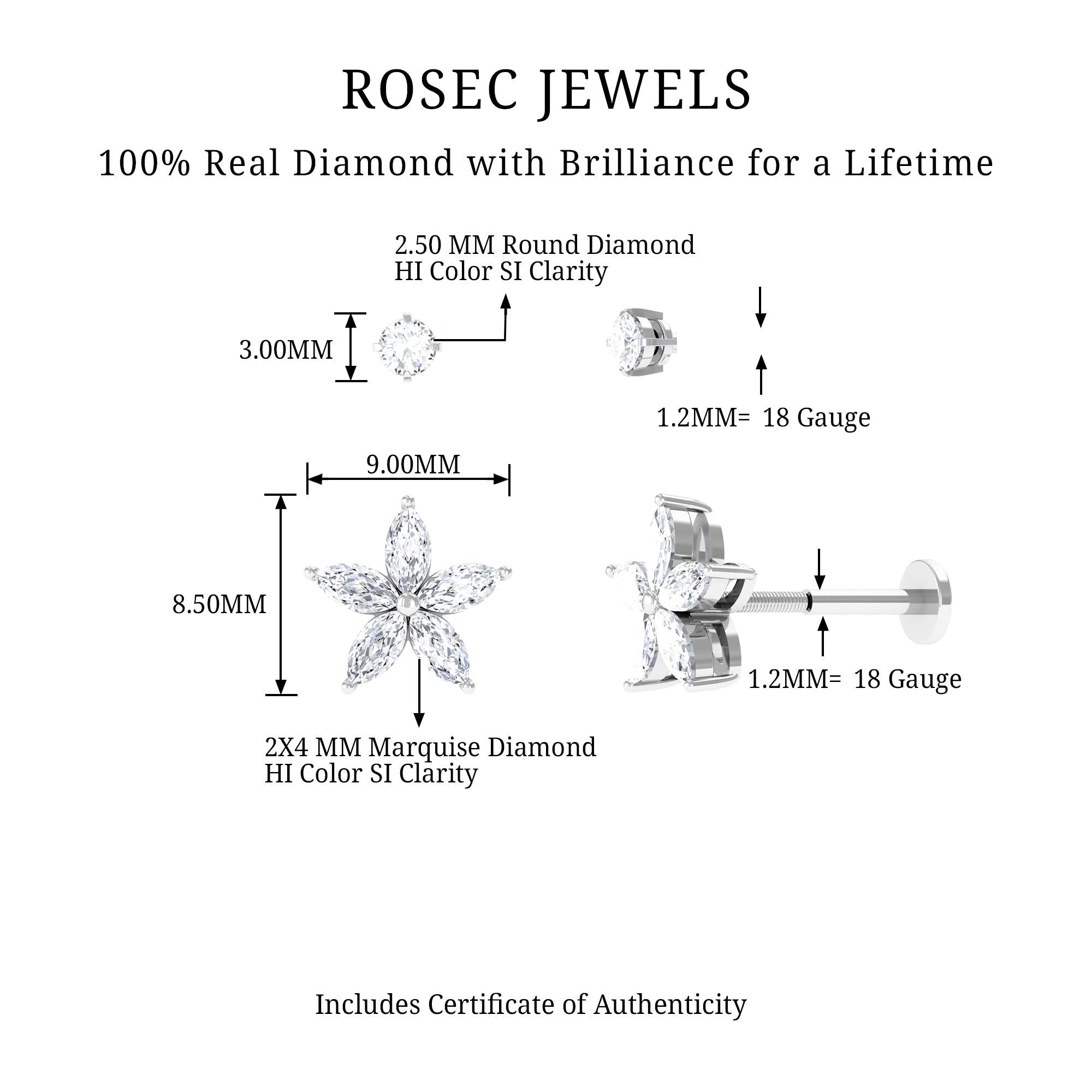 Rosec Jewels-Marquise Diamond Flower Cartilage Earring Set