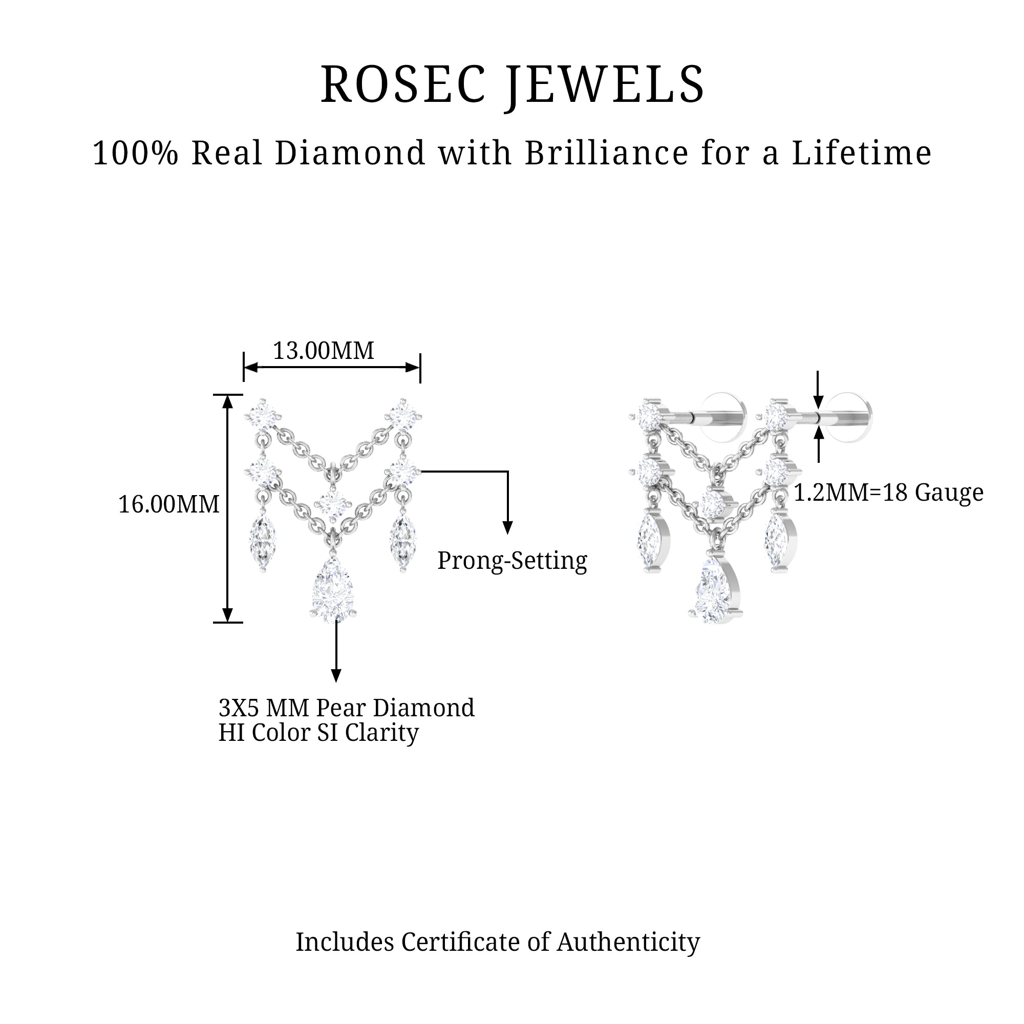 Rosec Jewels-Real Diamond Double Chain Drop Earring for Cartilage Piercing