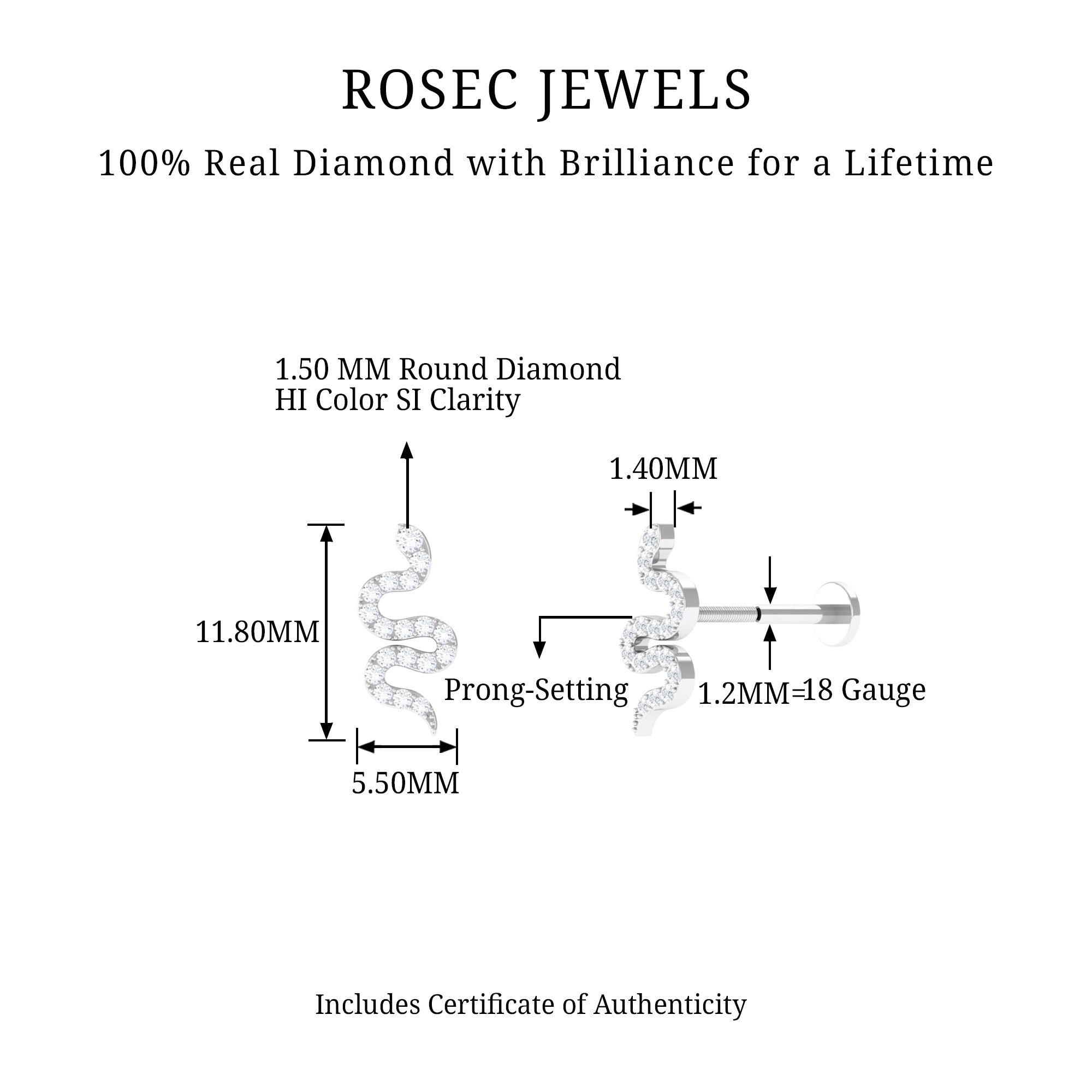 Rosec Jewels-Natural Diamond Snake Earring for Cartilage Piercing