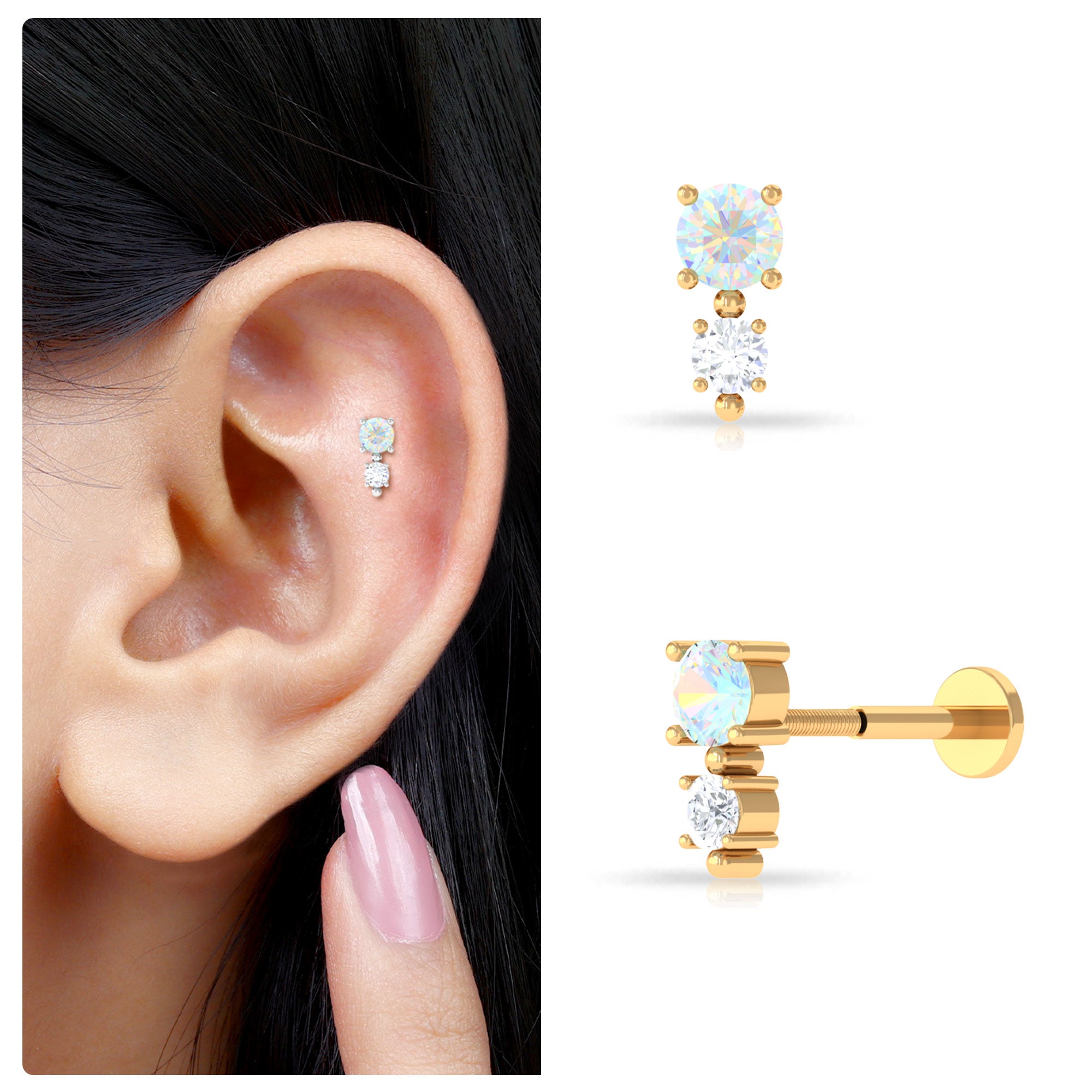 Rosec Jewels-Real Ethiopian Opal and Diamond Two Stone Tragus Earring