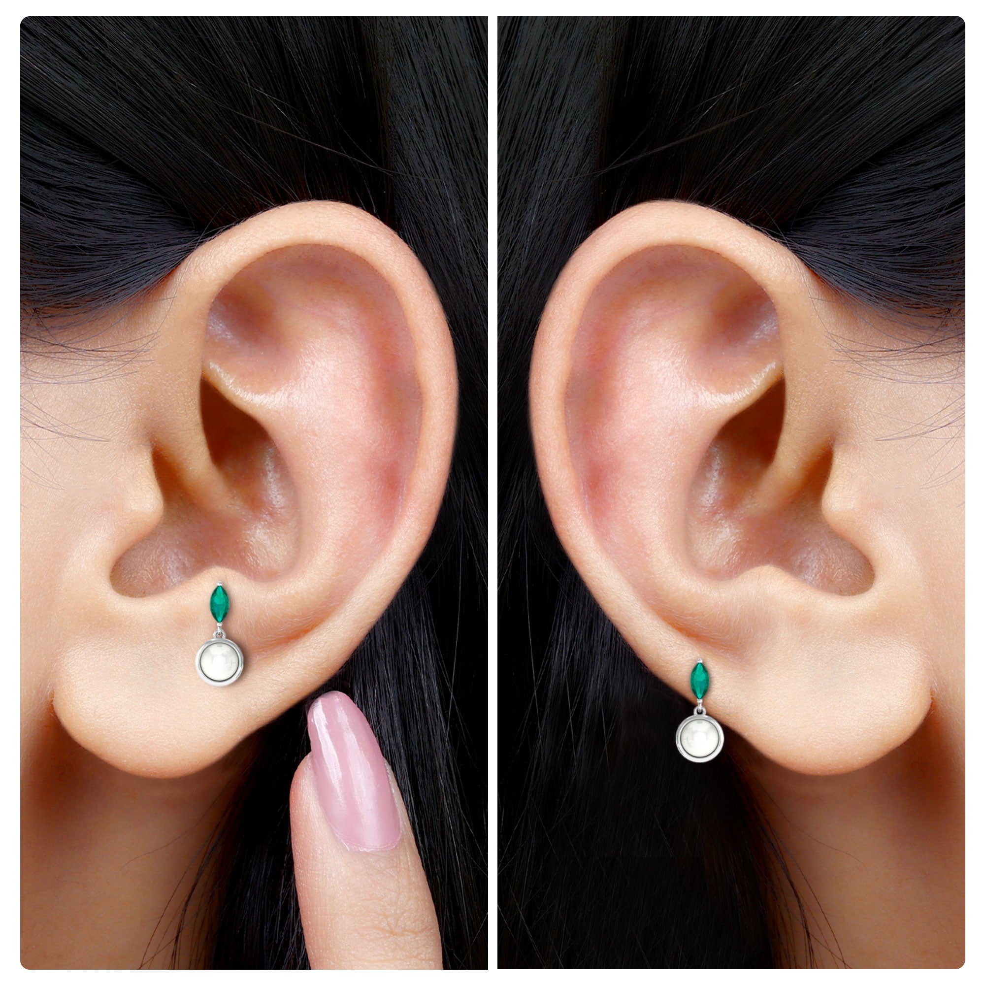 Rosec Jewels-3/4 CT Freshwater Pearl and Emerald Drop Earring for Helix Piercing