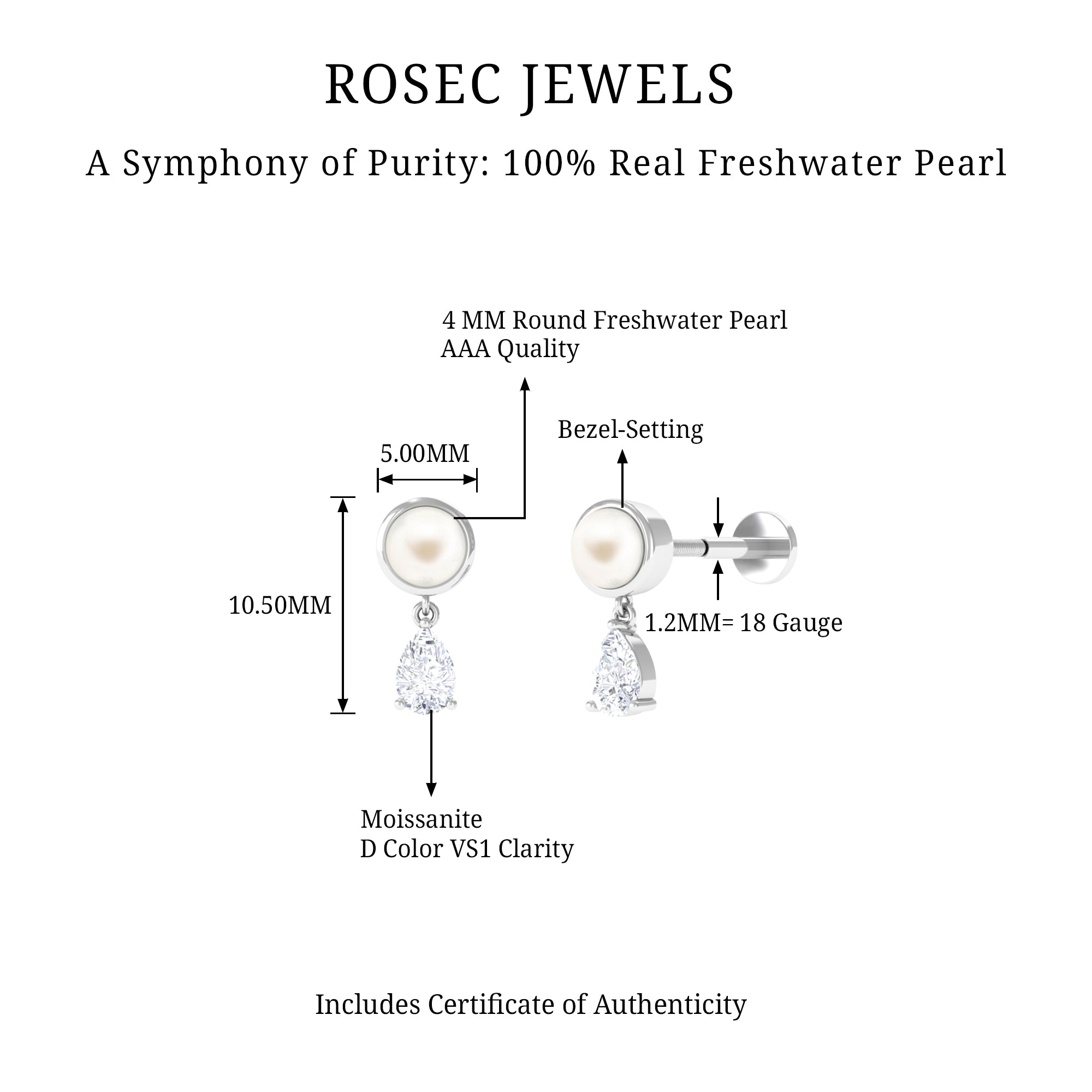 Rosec Jewels-Freshwater Pearl and Moissanite Dangling Cartilage Earring