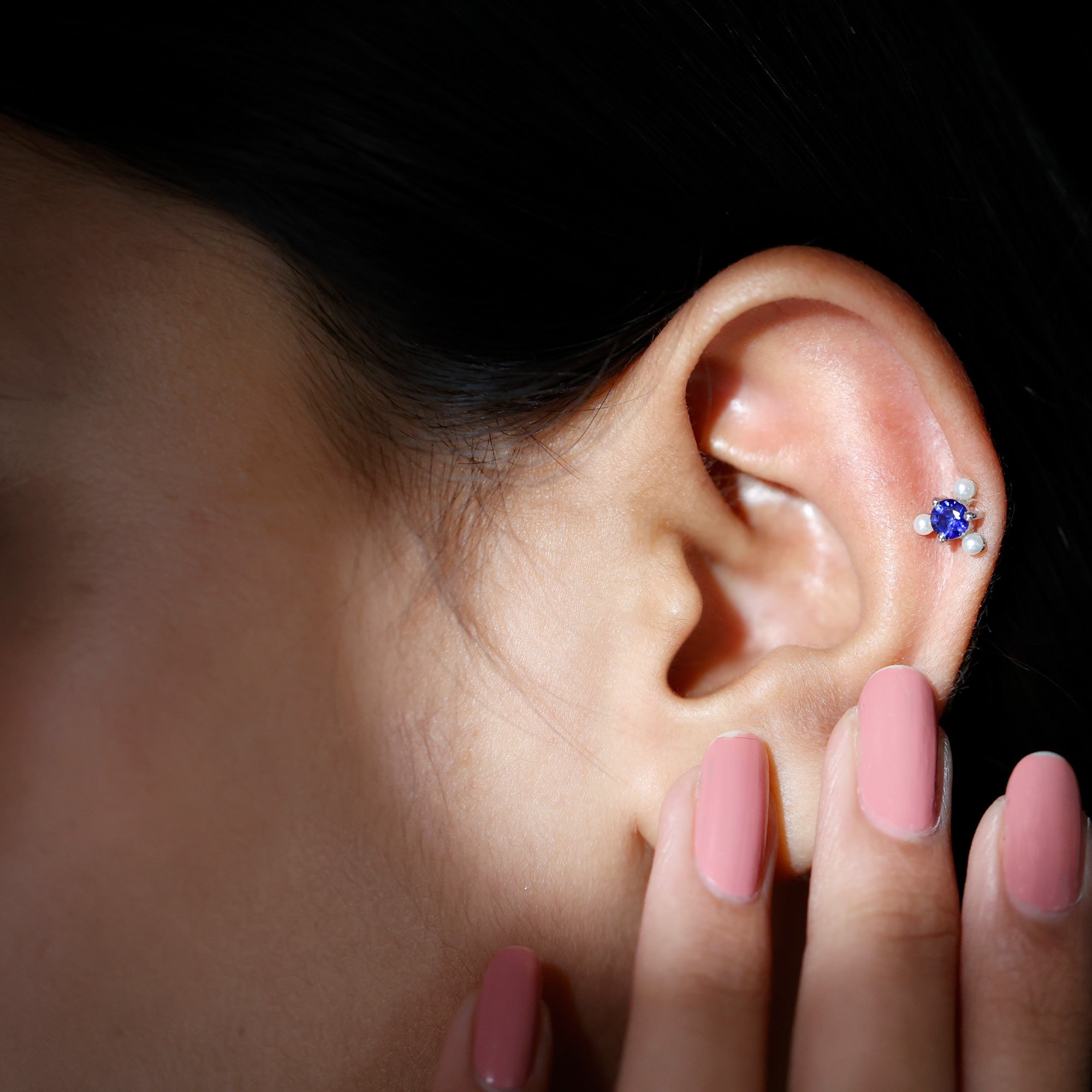 Rosec Jewels-Blue Sapphire and Freshwater Pearl Cartilage Earring