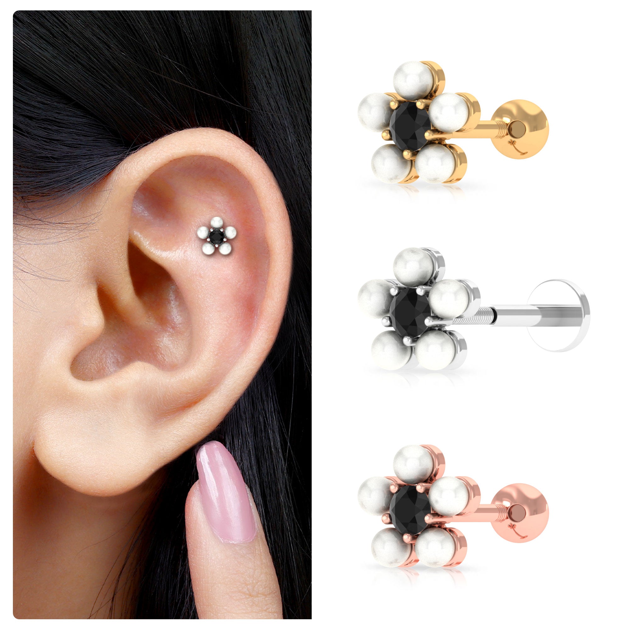 Rosec Jewels-Freshwater Pearl and Black Diamond Flower Earring