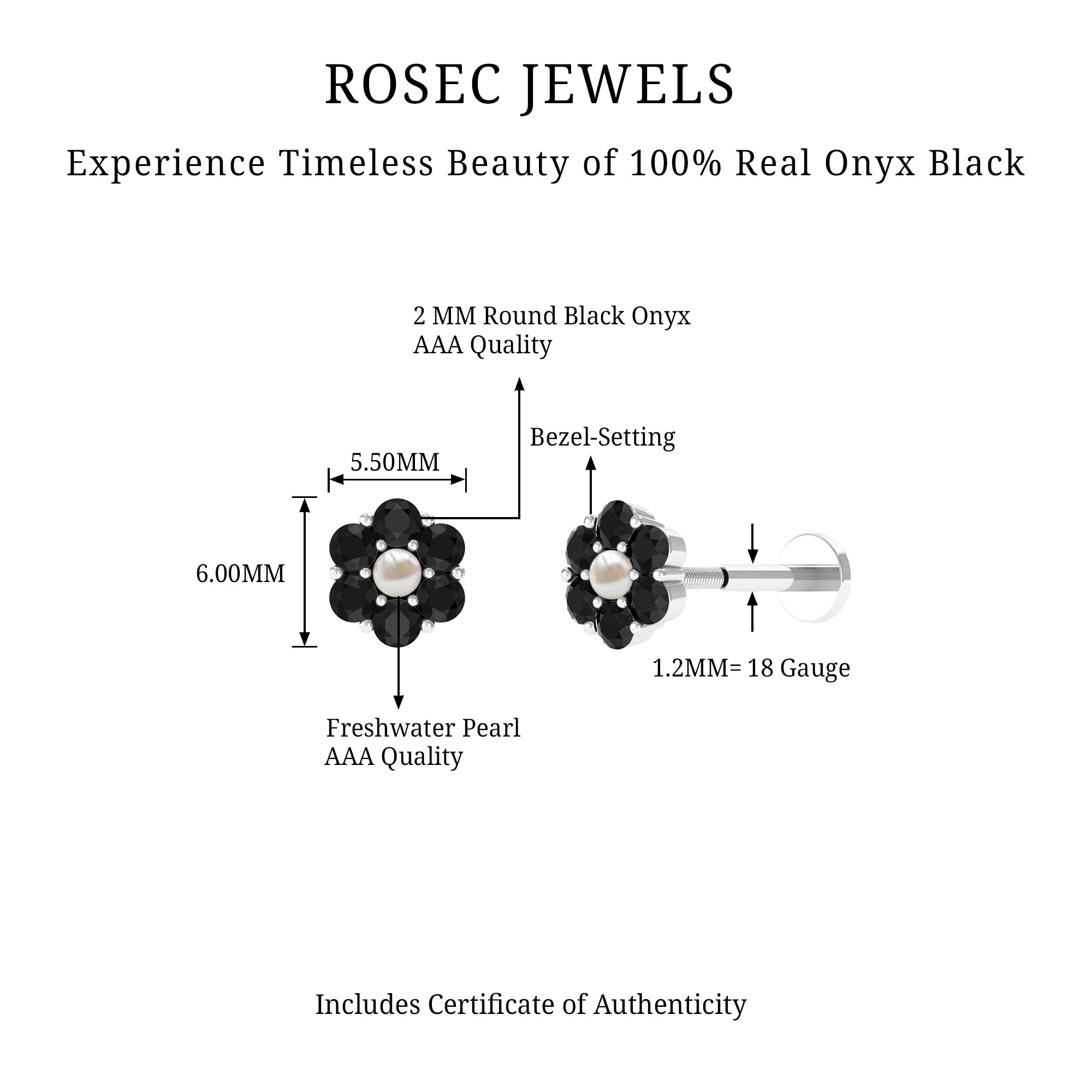 Rosec Jewels-Tiny Black Onyx and Freshwater Pearl Flower Conch Earring