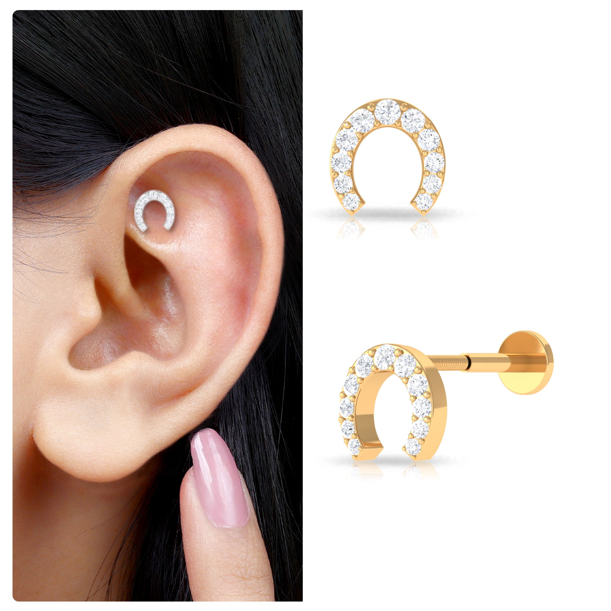 Rosec Jewels-Moissanite Horse Shoe Cartilage Earring in Gold