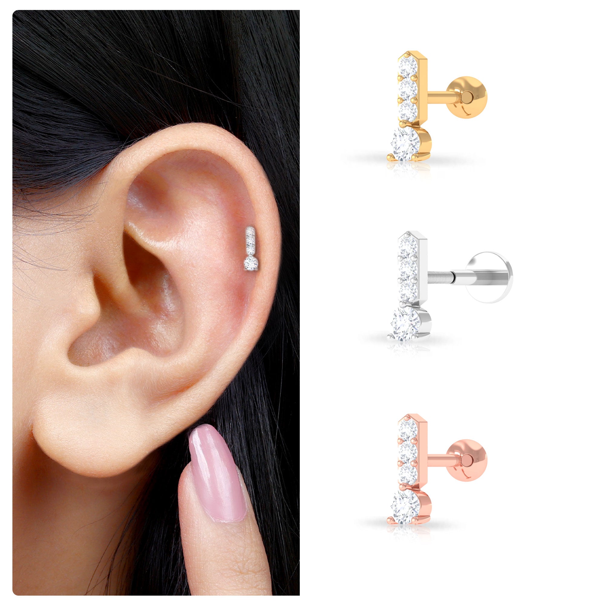 Rosec Jewels-Round Moissanite Simple Gold Bar Tragus Earring