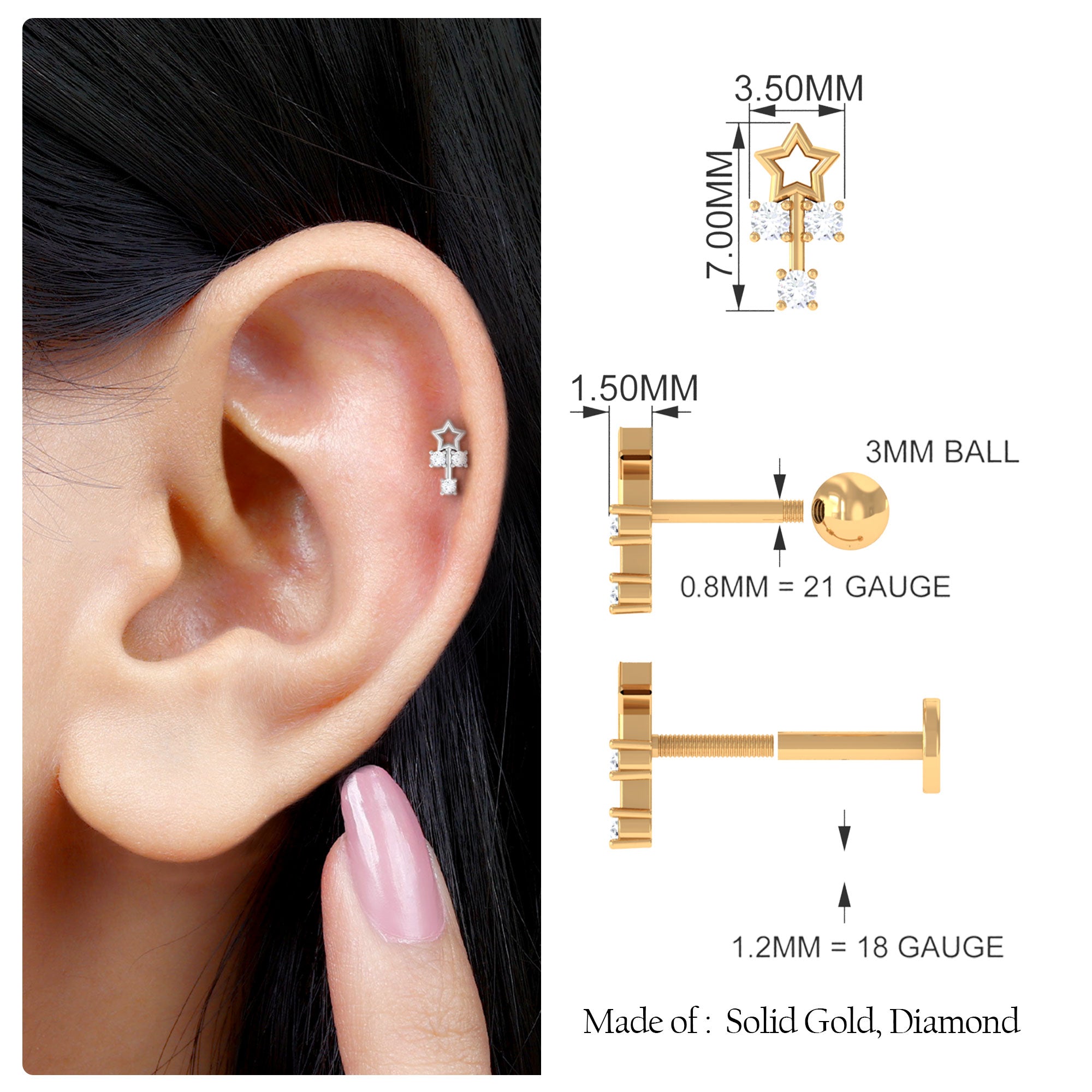 Rosec Jewels-Real Round Diamond Star Tragus Earring