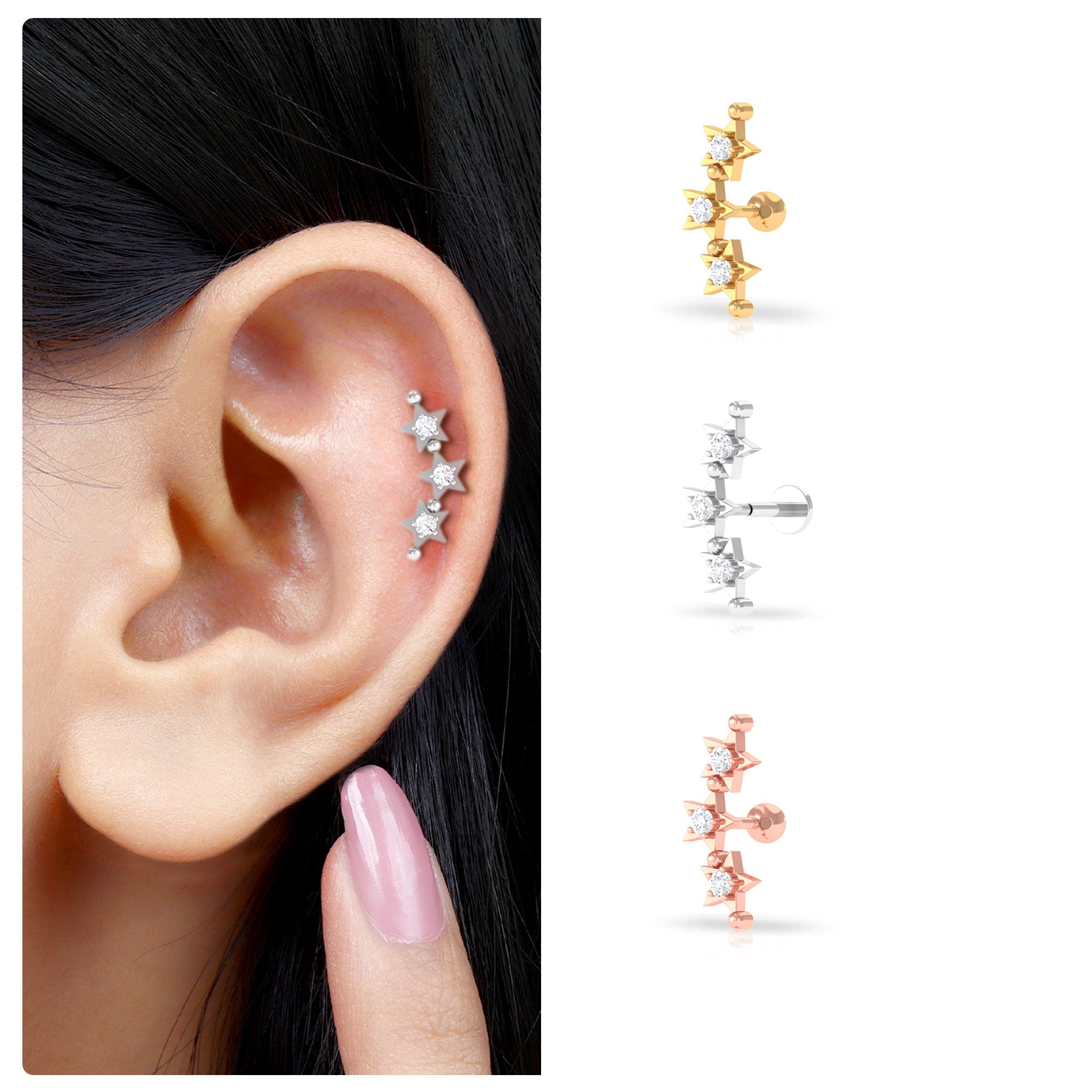 Rosec Jewels-Moissanite Triple Star Ear Climber Earring