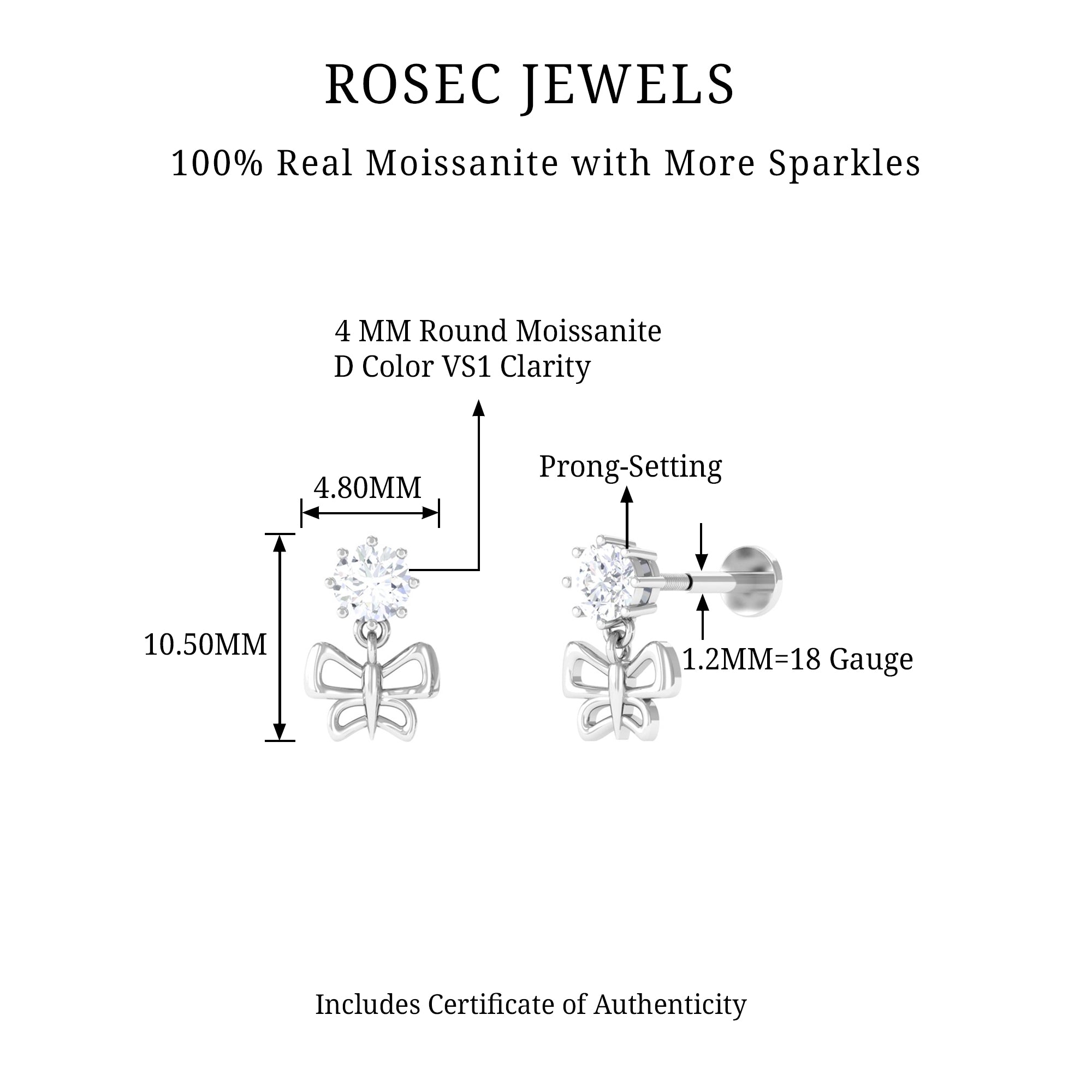 Rosec Jewels-Round Moissanite Butterfly Drop Earring for Cartilage Piercing