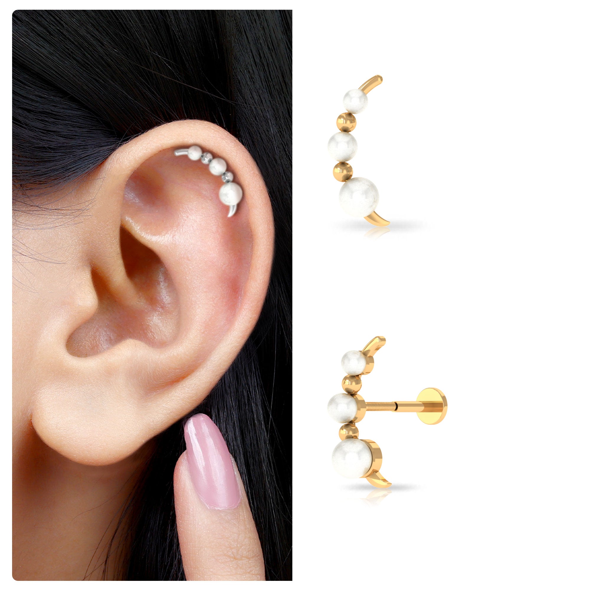 Rosec Jewels-Round Freshwater Pearl Gold Beaded Ear Crawler Earring