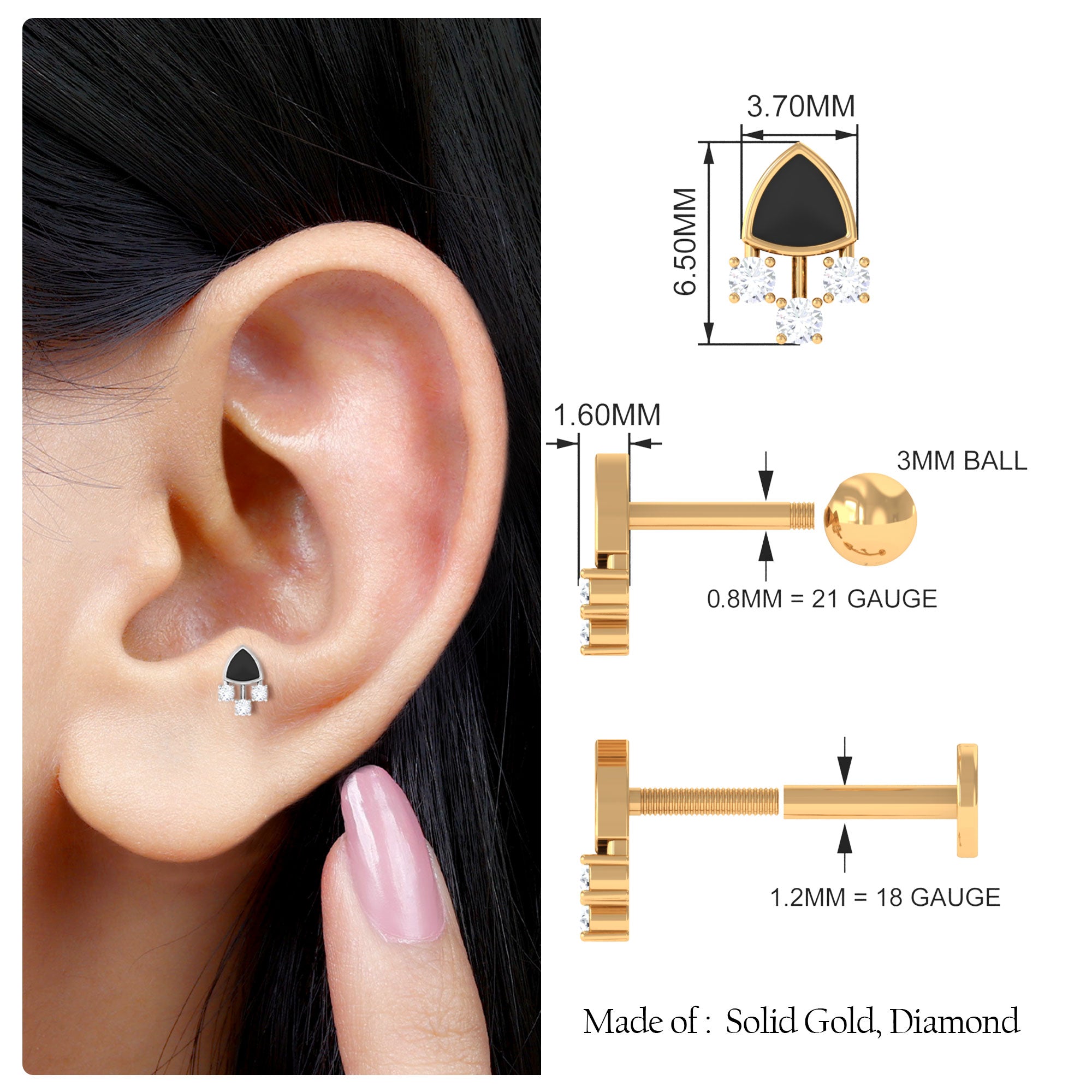 Rosec Jewels-Genuine Diamond Black Enamel 3 Stone Tragus Earring