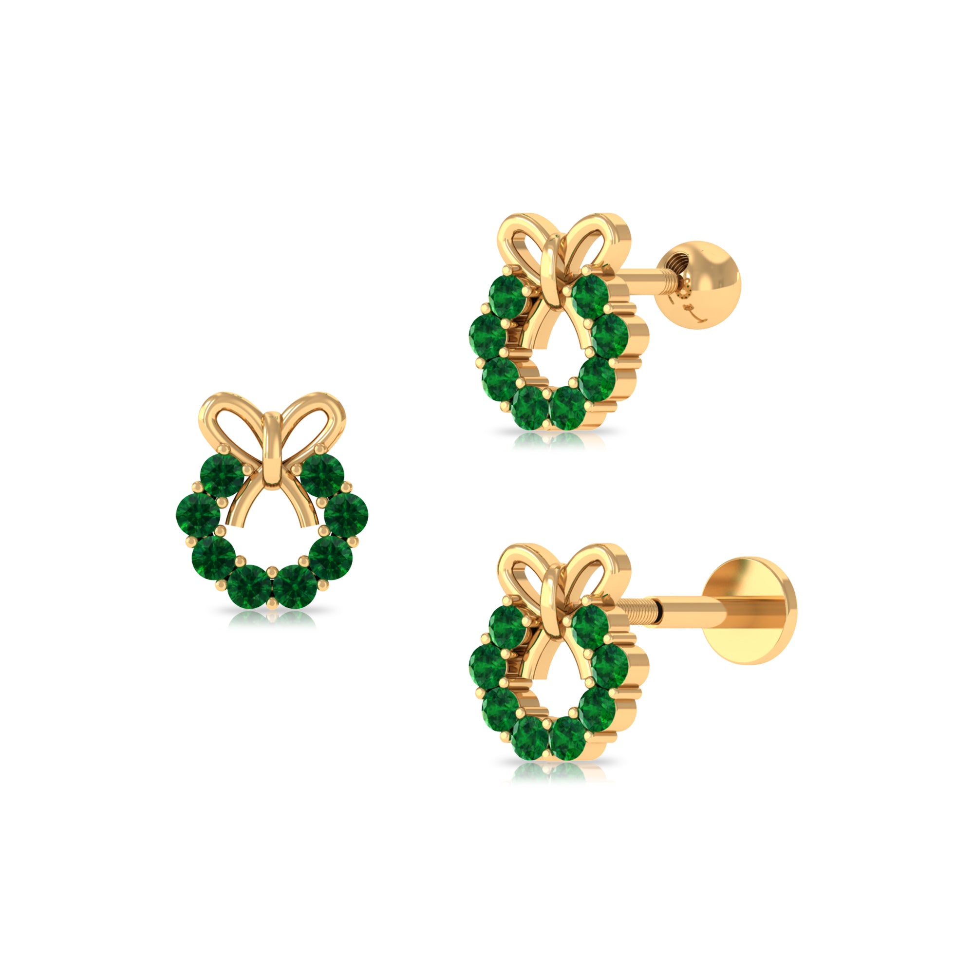 Rosec Jewels-Emerald Christmas Wreath and Gold Bow Earring