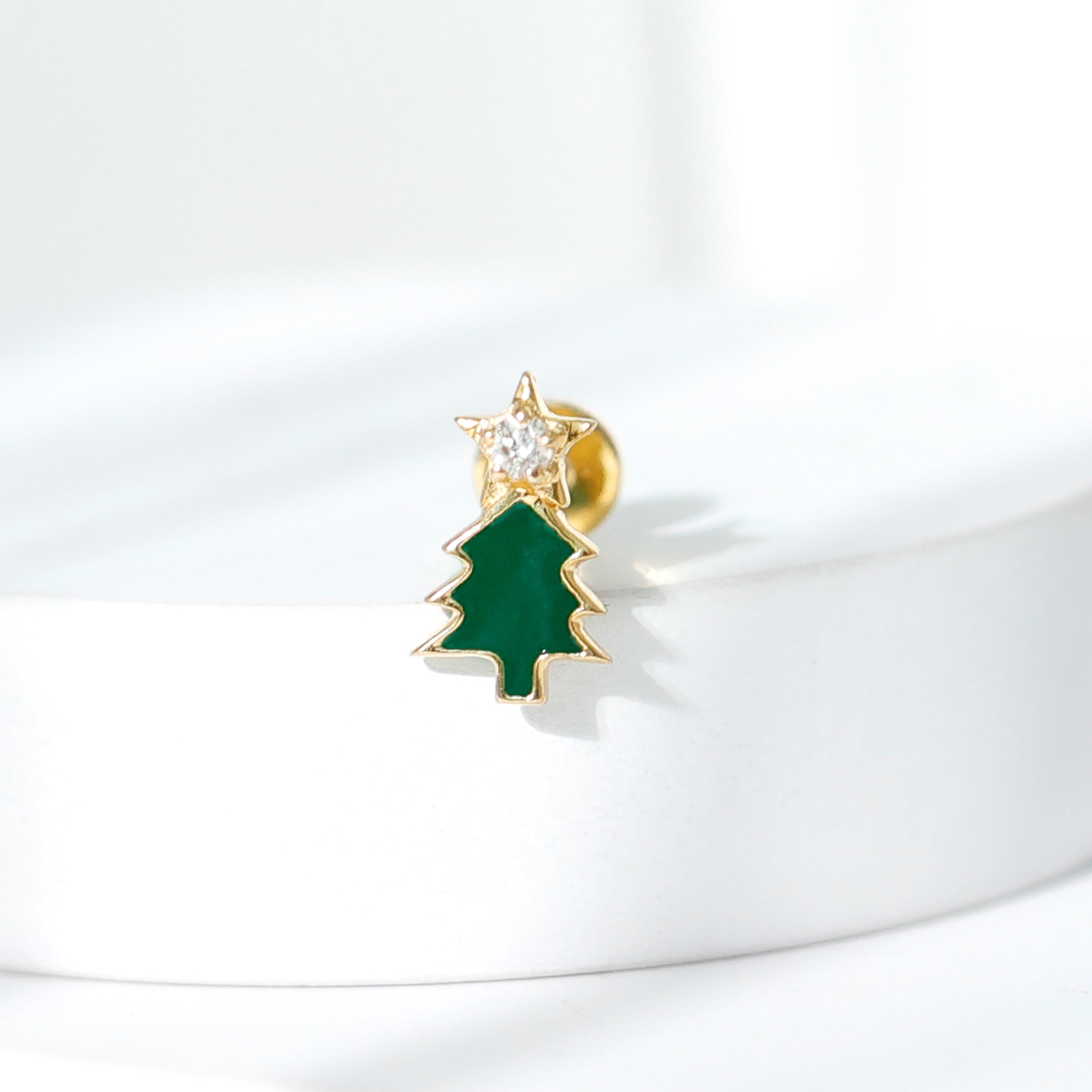 Rosec Jewels-Real Diamond Green Enamel Christmas Tree Cartilage Earring