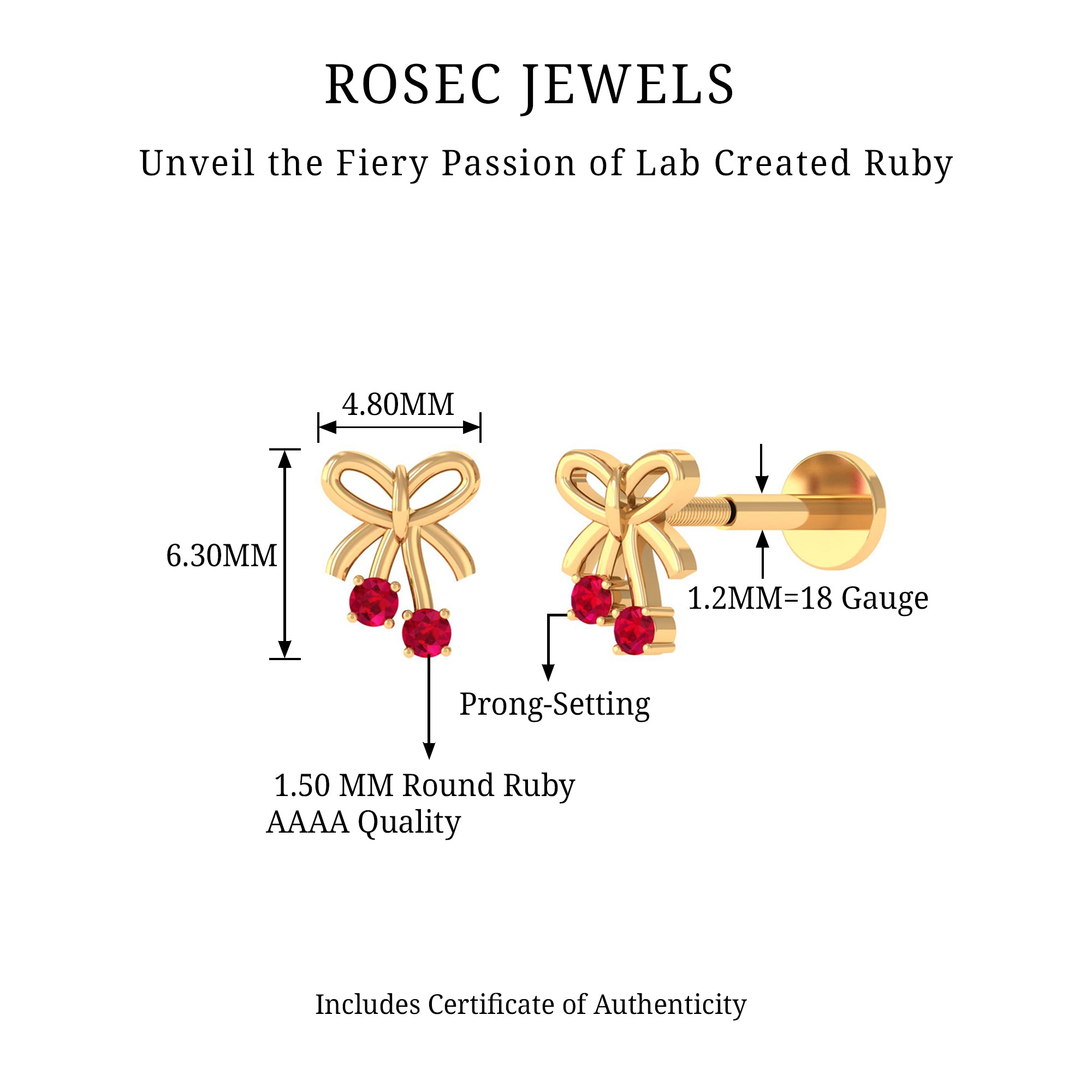 Rosec Jewels-Round Created Ruby Gold Bow Cartilage Earring