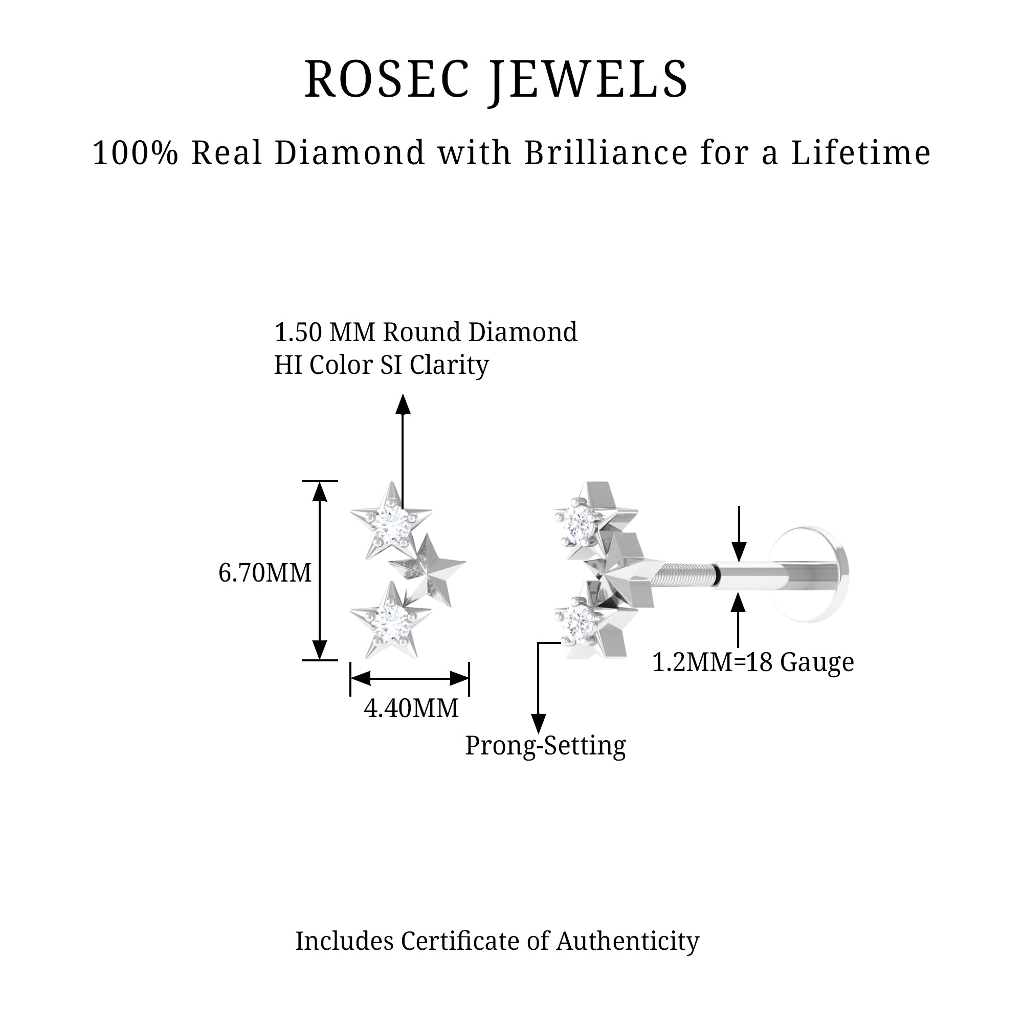 Rosec Jewels-Genuine Round Diamond Three Star Cartilage Earring