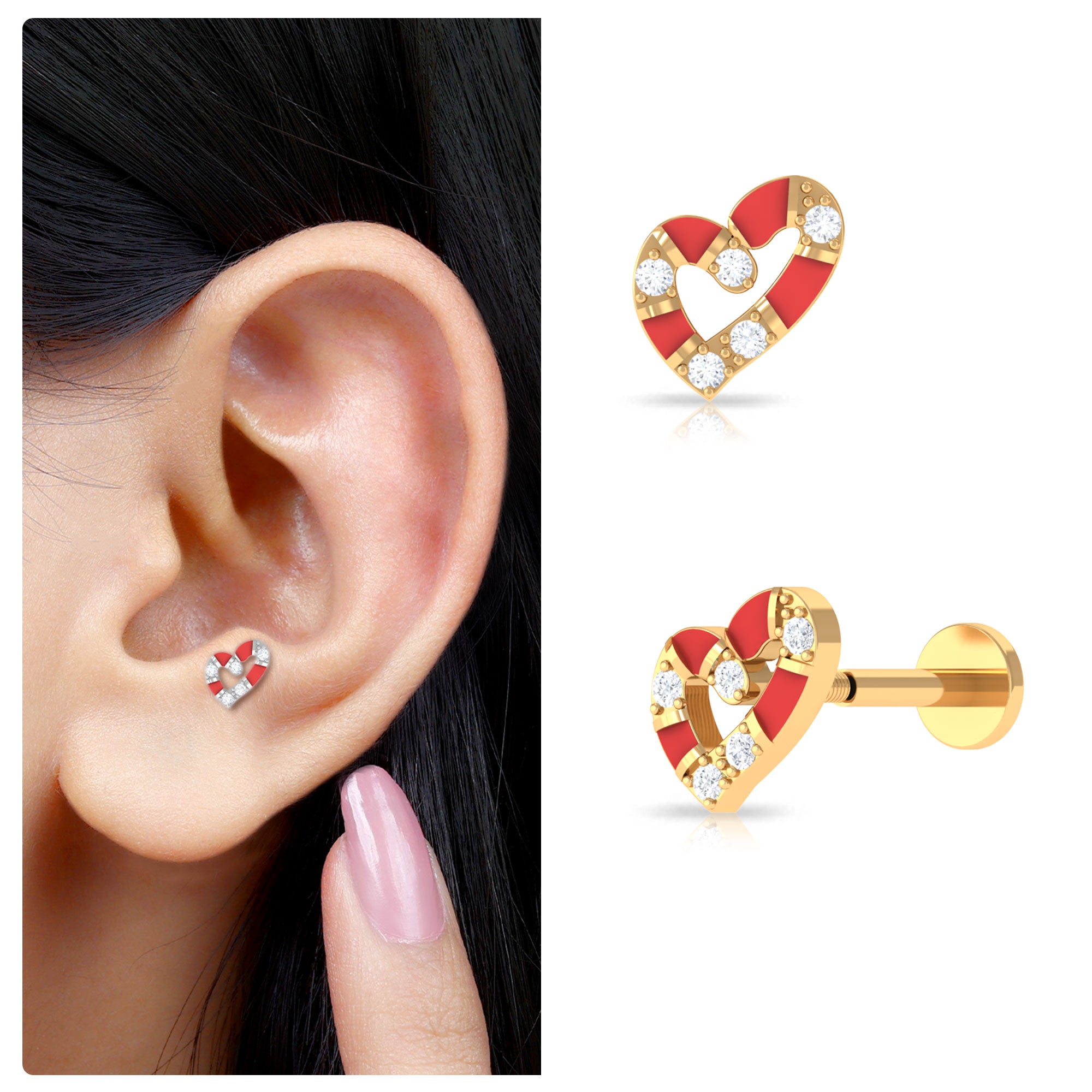 Rosec Jewels-Real Diamond Heart Cartilage Earring with Red Enamel