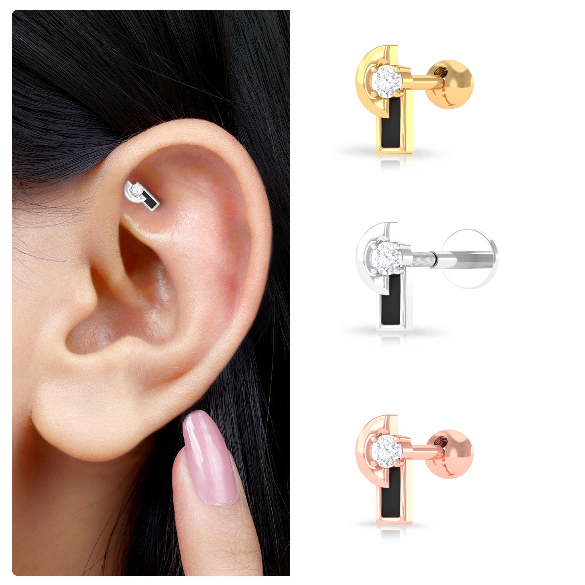 Rosec Jewels-Minimalist Diamond and Black Enamel Tragus Earring