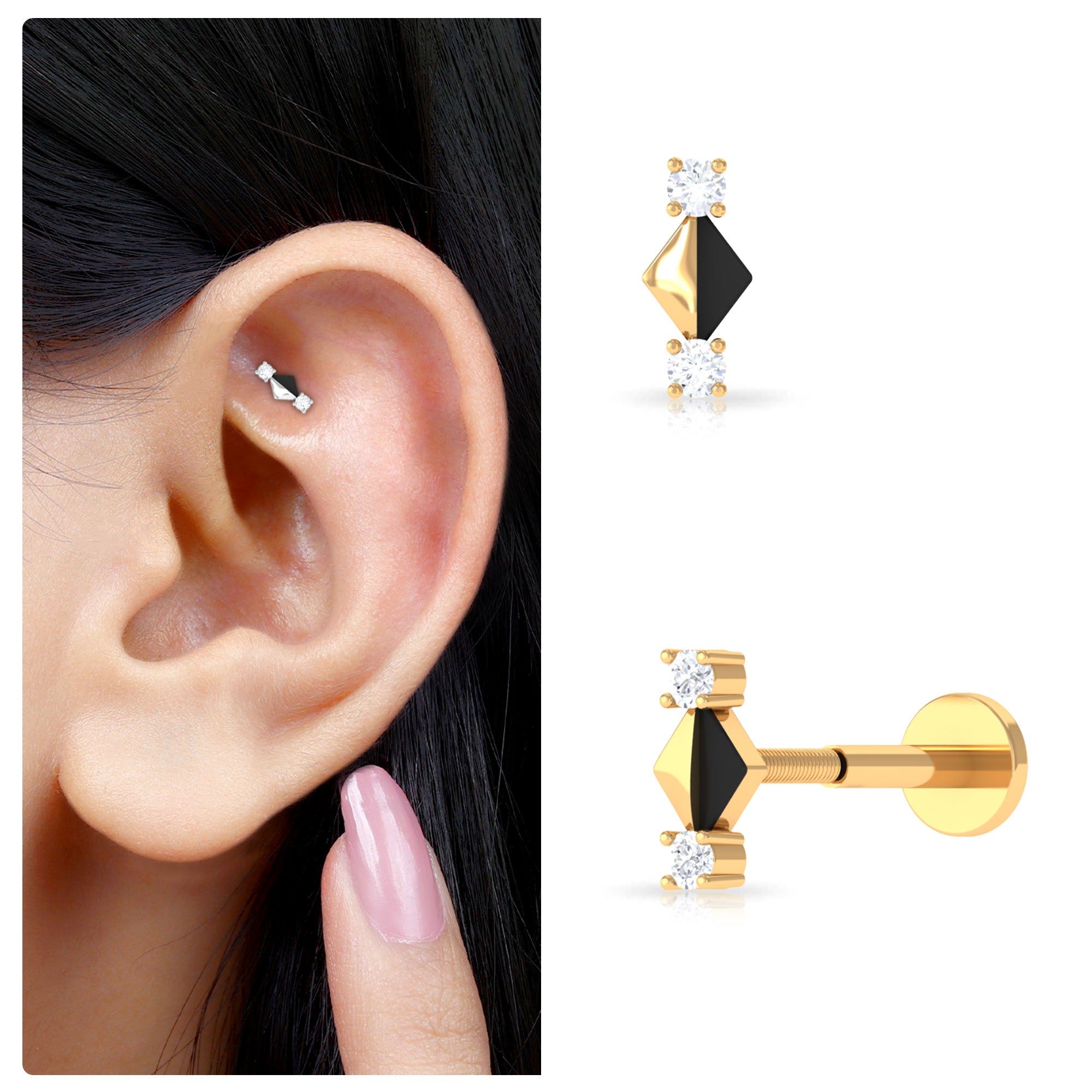 Rosec Jewels-Real Diamond Quirky Tragus Earring with Black Enamel